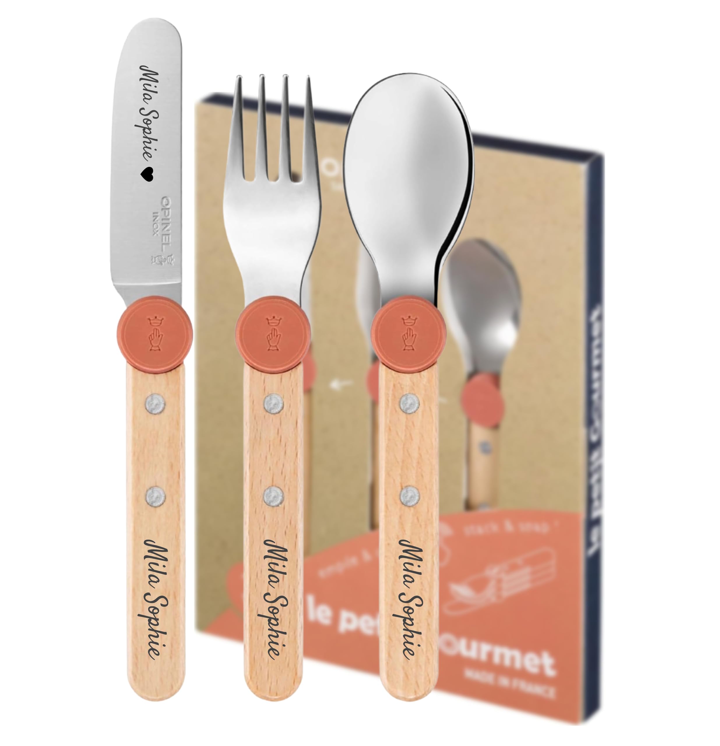 OPINEL Le Petit Gourmet Set de Couverts pour Enfants – Personnalisable avec Gravure – 4 pièces en Acier Inoxydable, idée Cadeau pour Naissance, baptême ou Anniversaire (Corail)