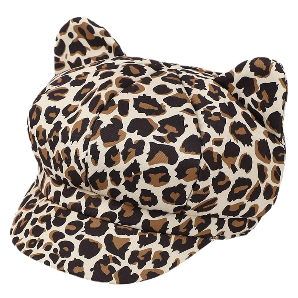 Animal Print Newsboy Cap with Cat Ears Women Stylish Cute Paperboy Painter Hats 8 Panels Visor Beret (US, Alpha, One Size, Leopard Pattern)