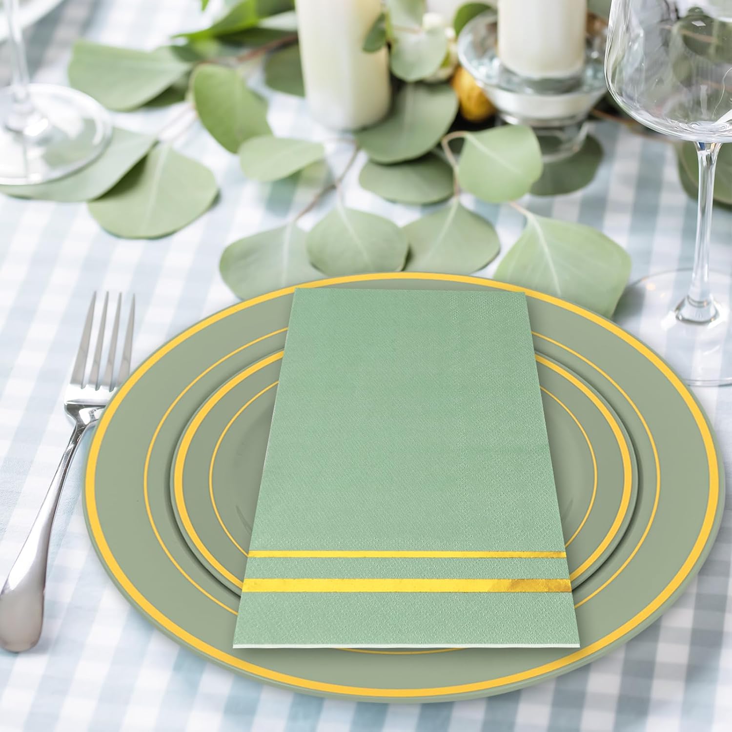 150Pcs Sage Green Plastic Party Supplies for 25 Guests Gold Foil Disposable Dinnerware Set 50Pcs Plate 25Pcs Guest Napkin 25Pcs Fork Spoon Knives for Party Table Decor