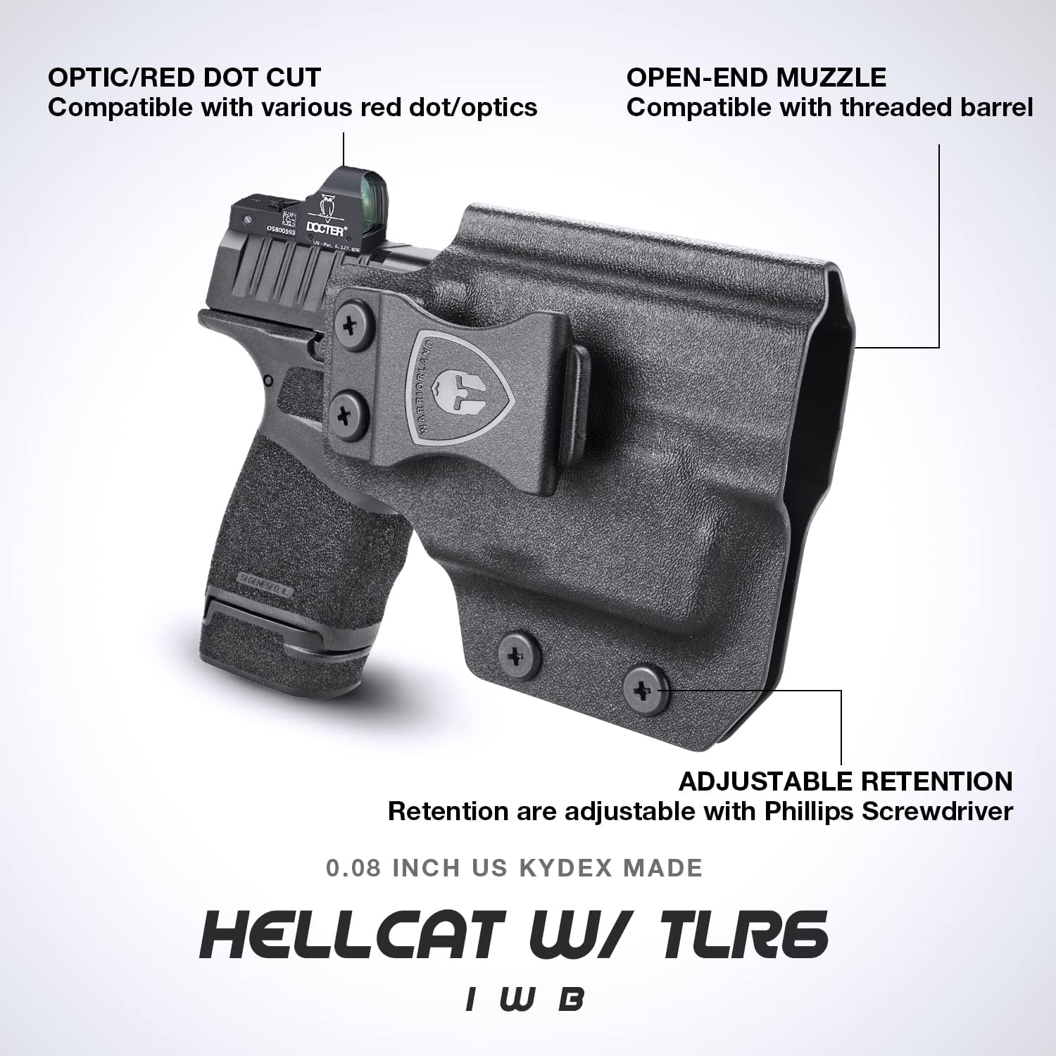 Hellcat TLR6 Holster, IWB Kydex Holster Optic Cut Fit: Springfield Armory Hellcat w/ TLR6, Inside Waistband Conceal Carry Holster Hellcat TLR-6, Adj. Can & Posi-Click Retention, Right/Left Hand