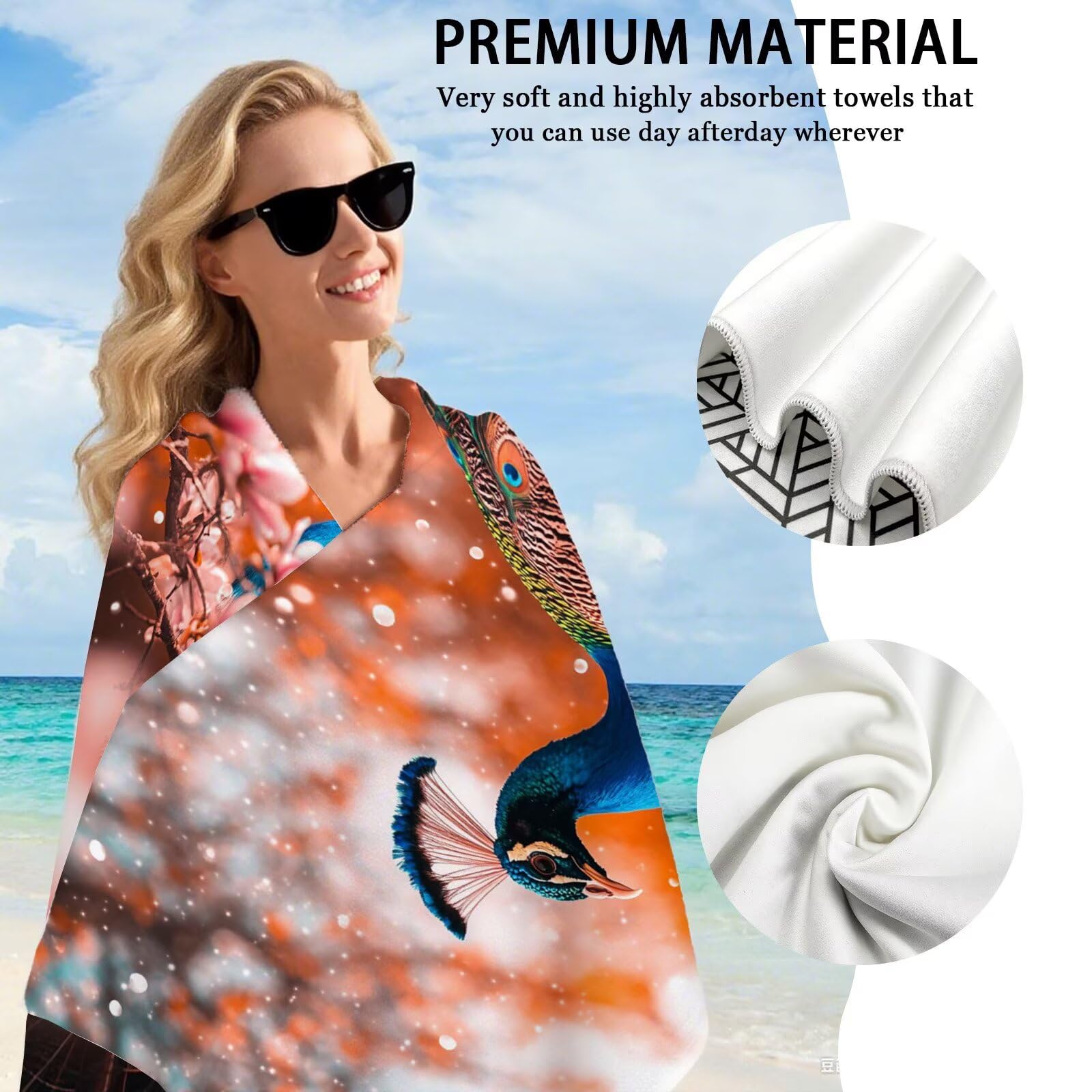 Toalla Microfibra Grande 90x180cm Toalla Playa Pavo Real Toallas de Playa Secado Rapido, Toallas Bano con Bolsa, Beach Towel Animal Antiarena Ligeras para Piscina Viaje Yoga Gimnasio Deportes VQ-828