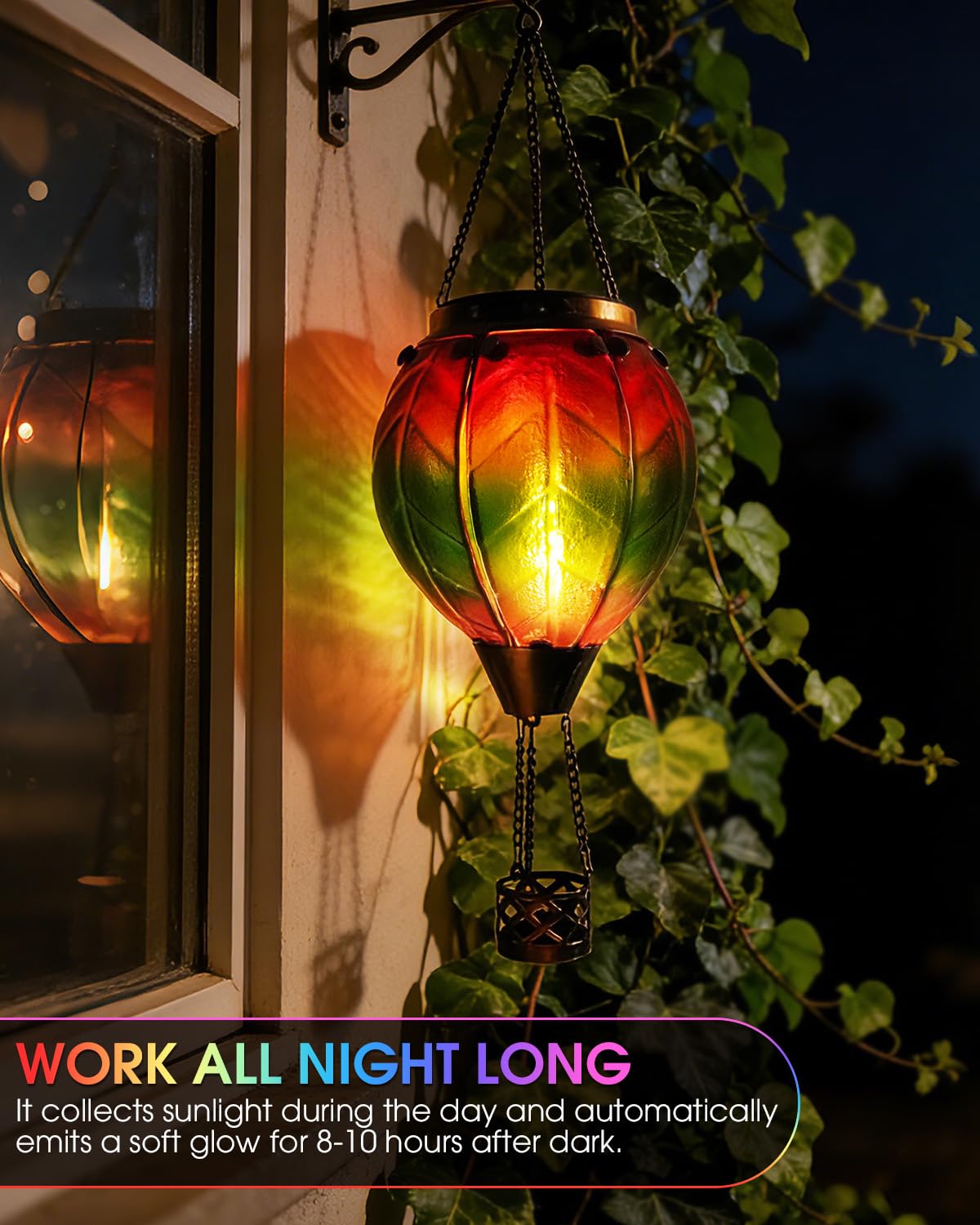 Klarlight Lanterna solare a forma di mongolfiera, 45 cm, da appendere, con effetto vetro arcobaleno, impermeabile, ad energia solare, accensione e spegnimento automatico, per giardino, patio, cortile