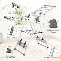Vista 6 de Giantex Estante de secado de ropa, 2 capas de aluminio plegable con altura ajustable de 5 niveles, 21 rieles de secado, 10 clips laterales, 4