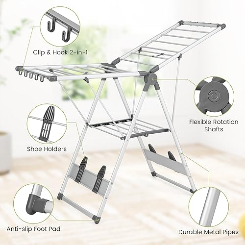 Vista 6 de Giantex Estante de secado de ropa, 2 capas de aluminio plegable con altura ajustable de 5 niveles, 21 rieles de secado, 10 clips laterales, 4