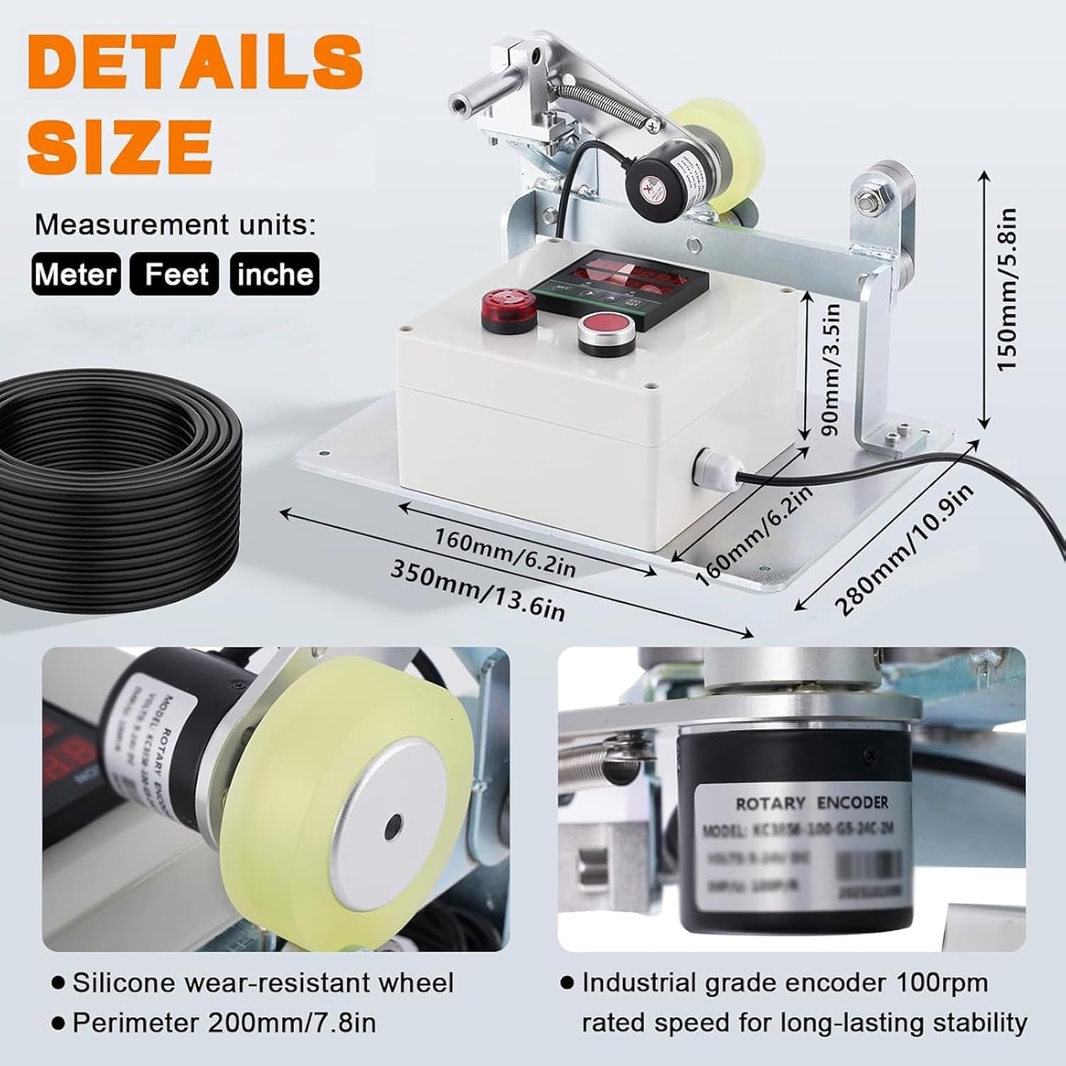 Electronic Digital Length Meter Counter, Single Measuring Wheel Mechanical Length Tool, with Alarm Function, Multi-Unit Switching, for Wires Cables Tin Wires