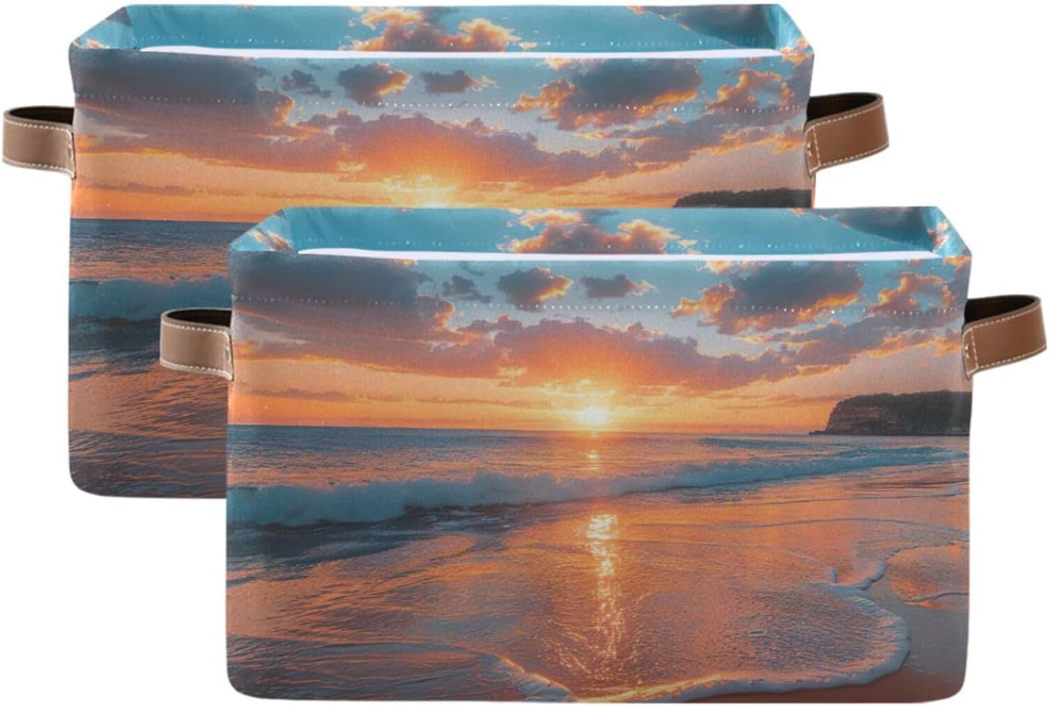 Sunset The Ocean Traditional Dragon Storage Basket Bin Canvas Fabric Organizer Basket with Handles for Home Office Nursery, Clothes, Gifts, 2 Pcs