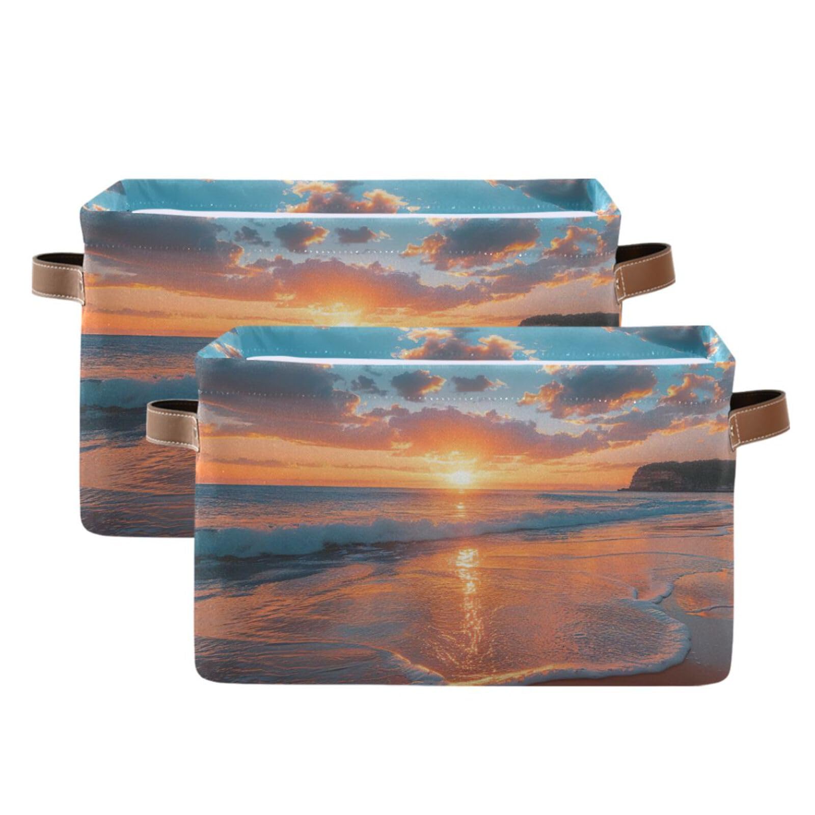Sunset The Ocean Traditional Dragon Storage Basket Bin Canvas Fabric Organizer Basket with Handles for Home Office Nursery, Clothes, Gifts, 2 Pcs
