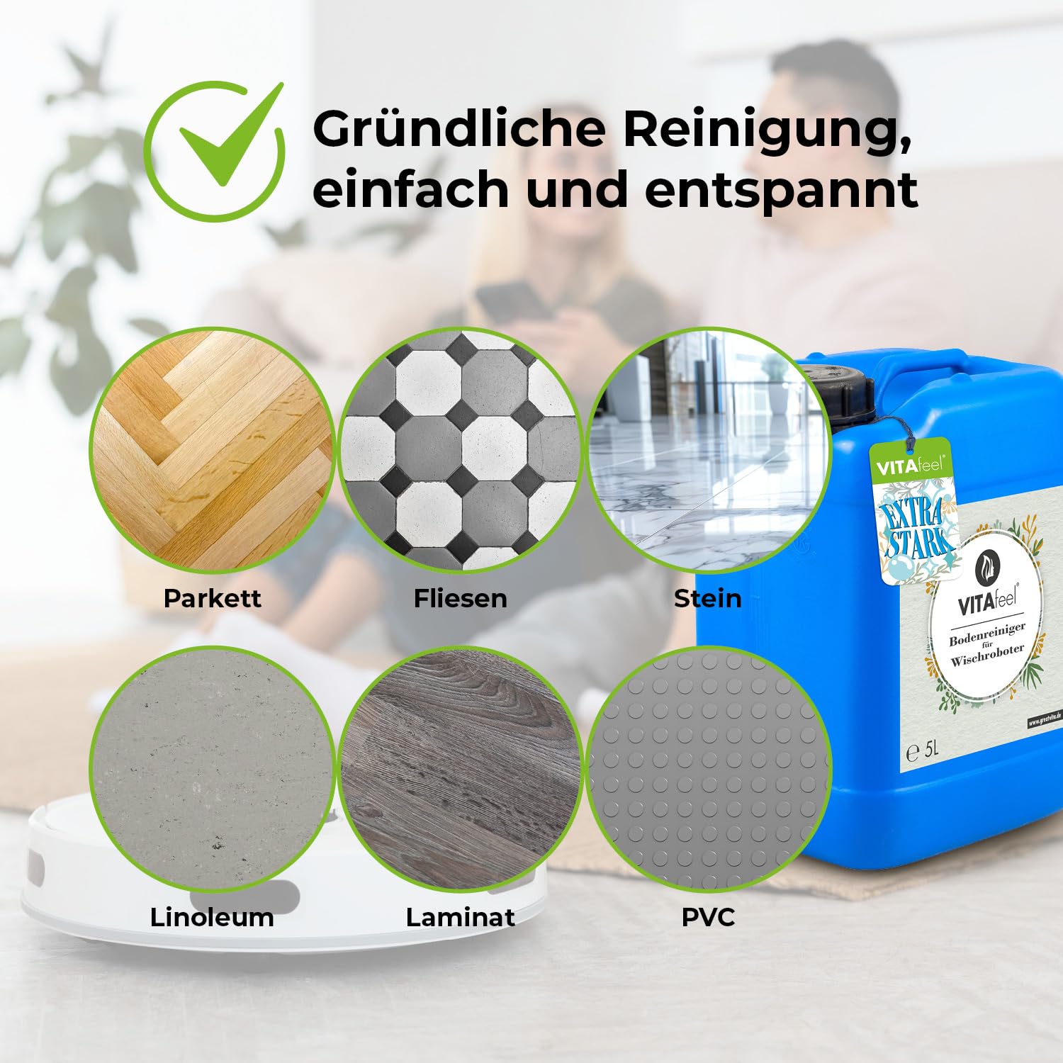 Limpiador de suelos para todos los robots limpiadores – Limpiador extremadamente completo – sin rayas, bajo en espuma y secado rápido – ideal para laminado, azulejos, parqué, PVC – VitaFeel (5 litros