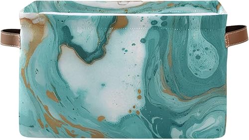 Canasta de almacenamiento grande decorativa de tela con estampado de mármol turquesa, para juguetes, ropa, oficina en casa (15 x 11 x 9.5 pulgadas)