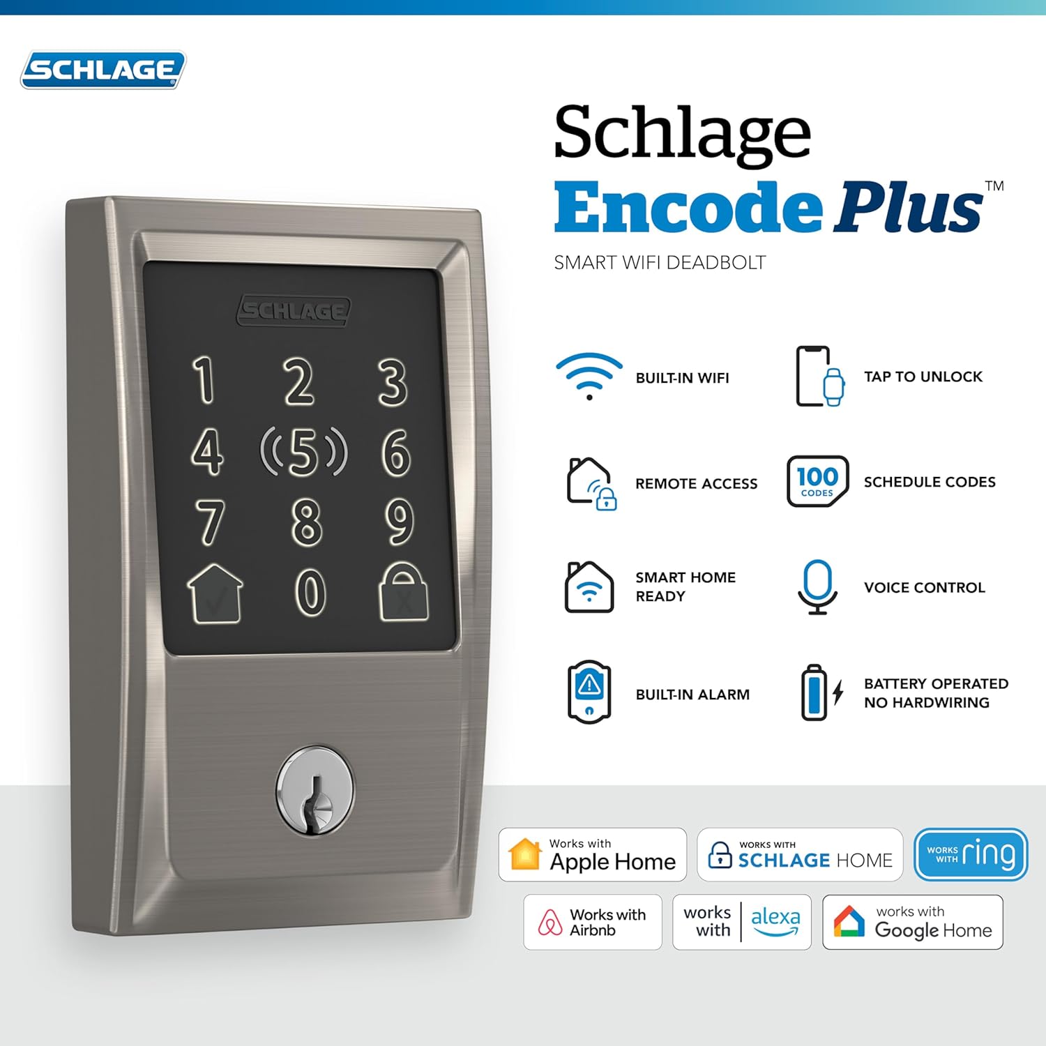 Schlage Encode Plus Smart Wi-Fi Lock for Front Door, Keyless Entry Deadbolt, Unlock with Apple Watch, Built-in WiFi and App Control, Easy Install, Alexa & Apple HomeKit Compatible, Satin Nickel