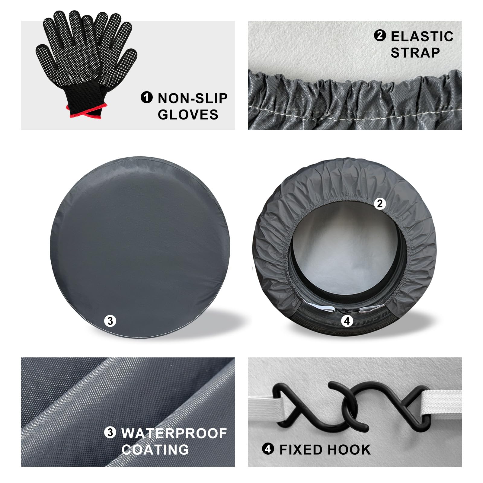 Heavy Duty Rv Tire Covers Set of 4, Tough Waterproof Wheel Covers for Boat Trailer Camper Truck Motorhome Van SUV Jeep Car, Sun Rain Wheel Protecter, 24-26 Inch Tire Diameter, Gloves