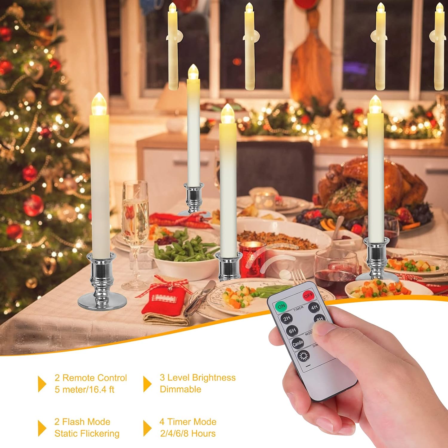 Window Candles 12 Pack Battery Operated with Timer, Flameless, 2 Remote Controls - Christmas Window Lights, Removable Silver Holder and Suction Cup for Home Decorations