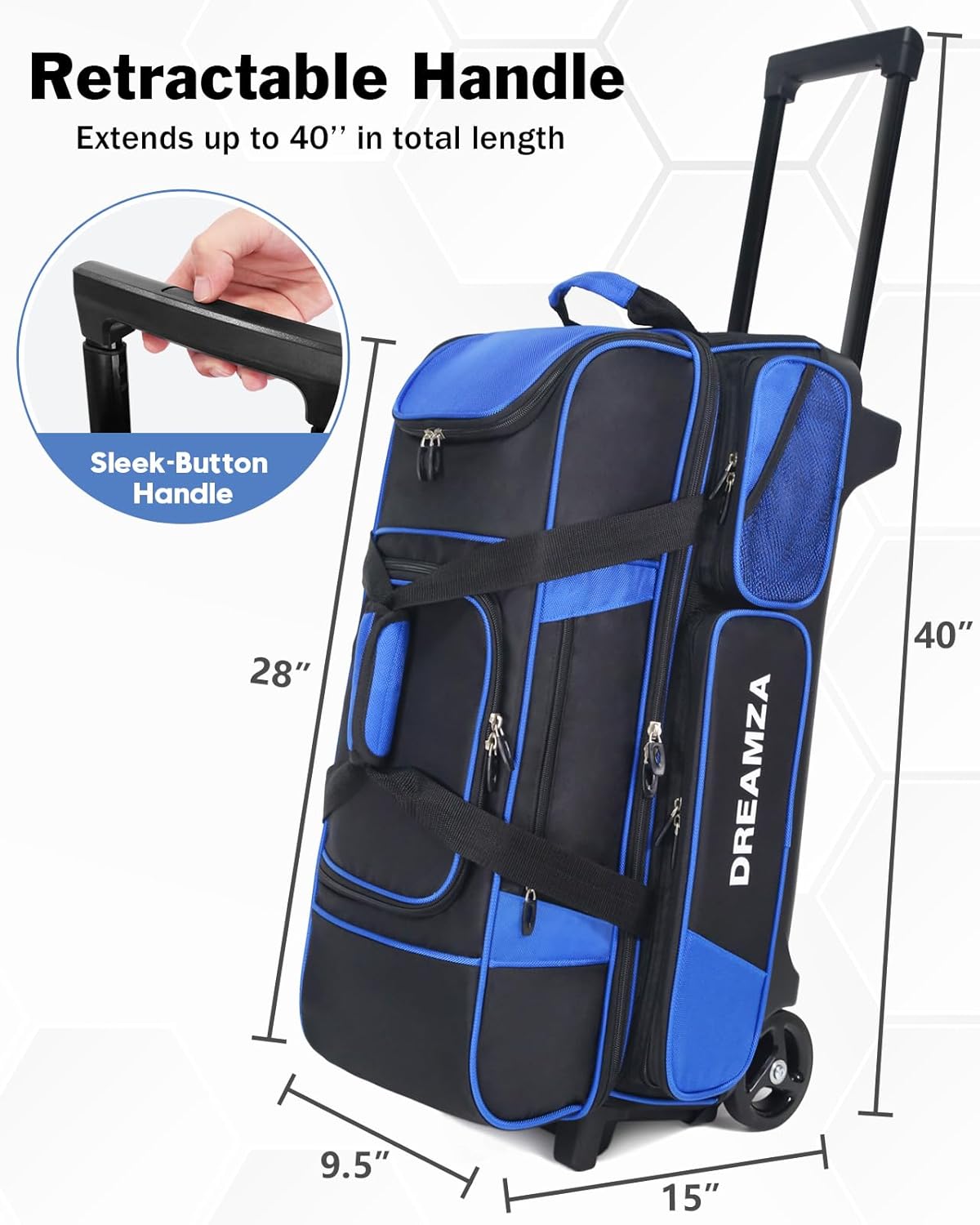 3 Ball Bowling Bags with Wheels & Shoe Pocket, Premium Bowling Ball Bag 3 Ball Roller, Effortless-Rolling 3 Ball Bowling Bag w/Multi-Storage Pockets & Telescopic Handle Extends to 40''