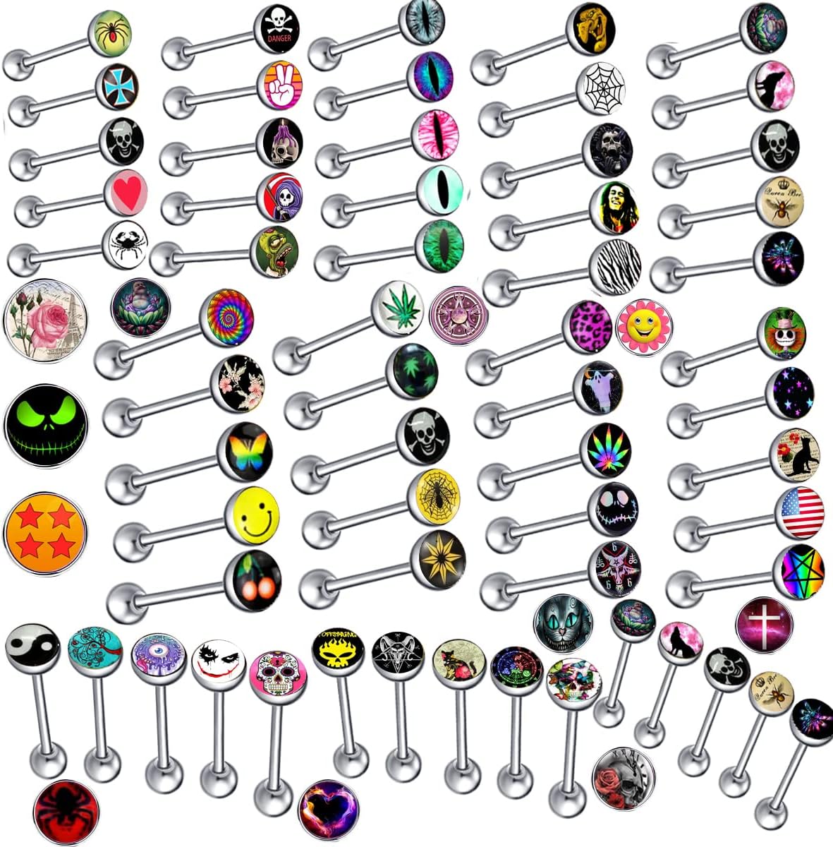 TIANCI FBYJS30-50pcs Tongue Rings Fancy Words Pictures Logo Stainless Steel Straight Barbells Tongue Bars Piercing Body Jewelry