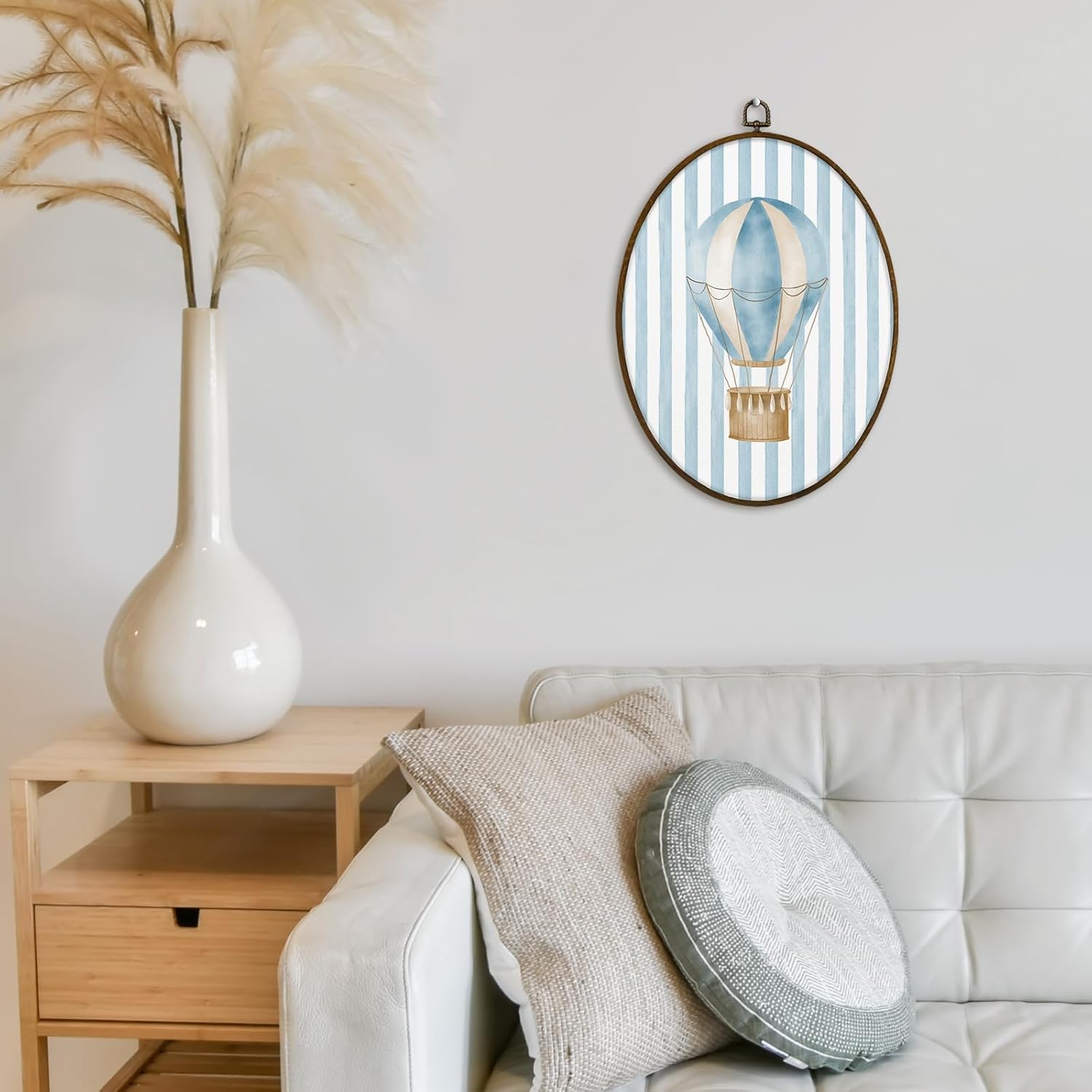 GWFSJYU Preppy Blue Hot Air Balloon Nursery Framed Oval Wall Art Decor, Trendy Hot Air Balloon Canvas Prints Wall Art, Light Blue Striped Hanging Decor for Kids Boy Room Playroom Bedroom, 8.7x11.3 In image 4