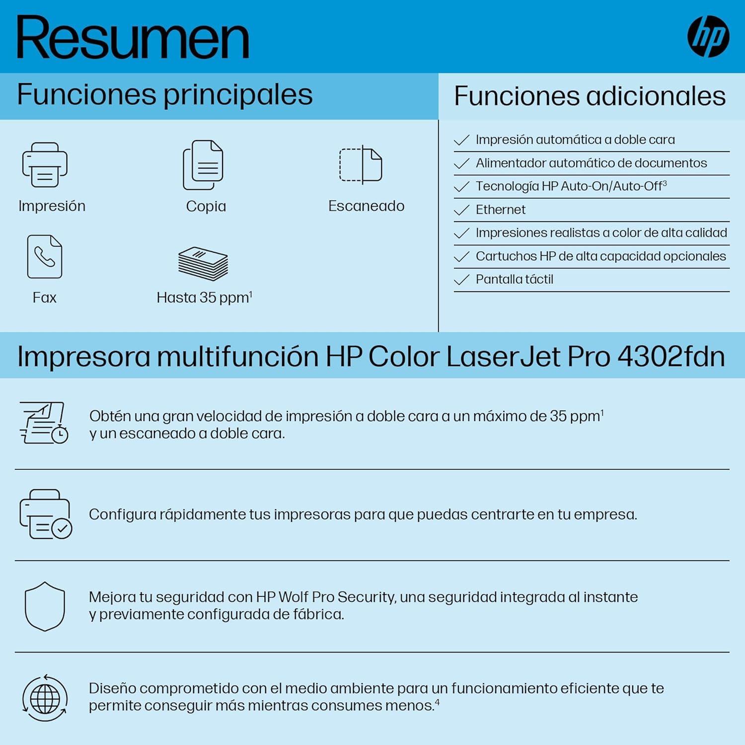 HP Color LaserJet Pro MFP 4302fdn 4RA84F, Impresora multifunción A4, Impresión dúplex automática, 33 ppm, USB, Wi-Fi, Ethernet, Fax, Copia, Escanear, ADF, Pantalla táctil de 4,3", Azul