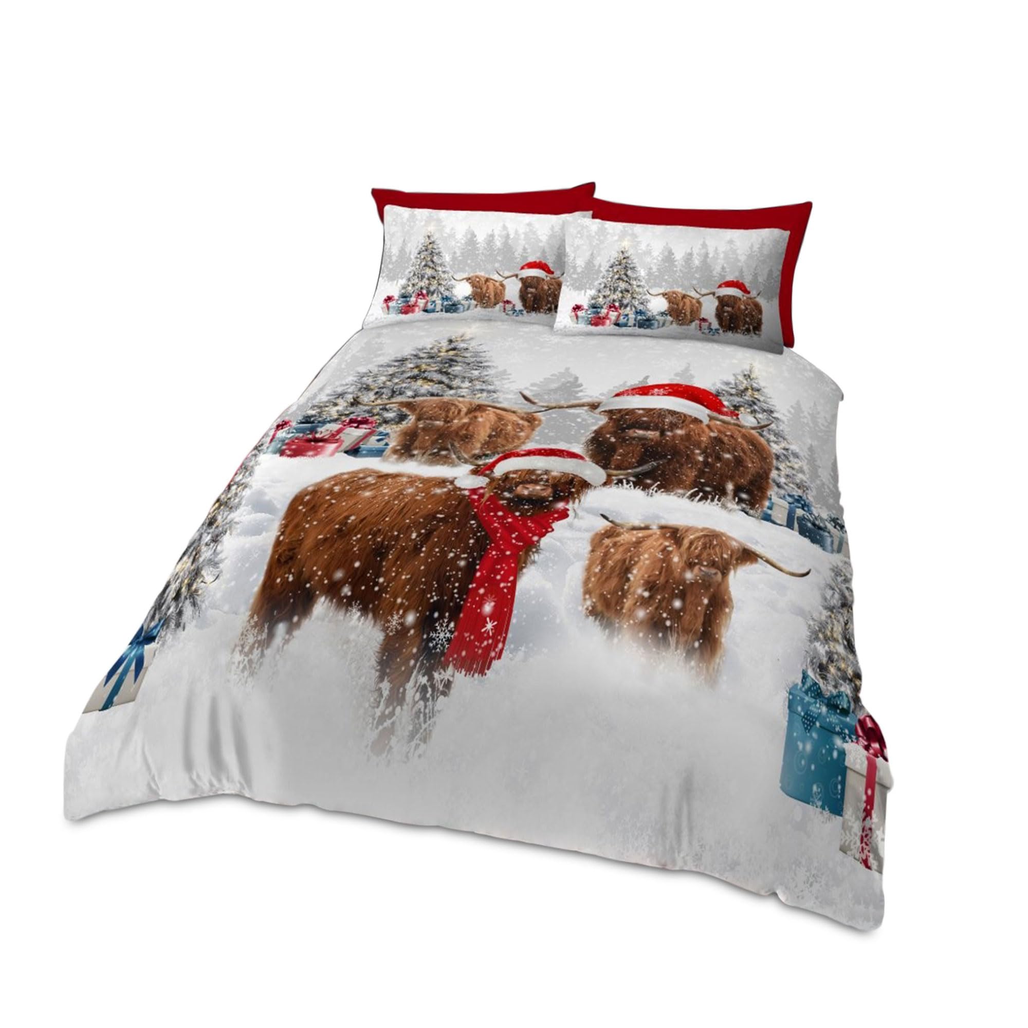 Christmas Duvet Cover Set with Pillowcase, Fancy Cows Xmas Herble The Highland Cow Bedding...