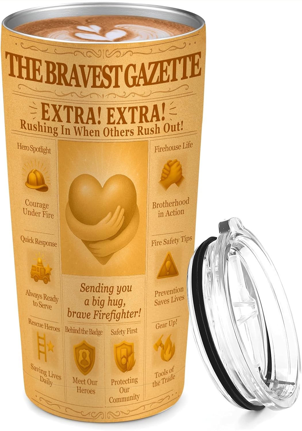 Firefighter Gifts for Men – 20oz Insulated Tumbler with Lid, Retro Newspaper Design, Thank You Brave Firefighter Travel Mug, Stainless Steel Cup, Fire Truck Icons, First Responder Gift - Image 2