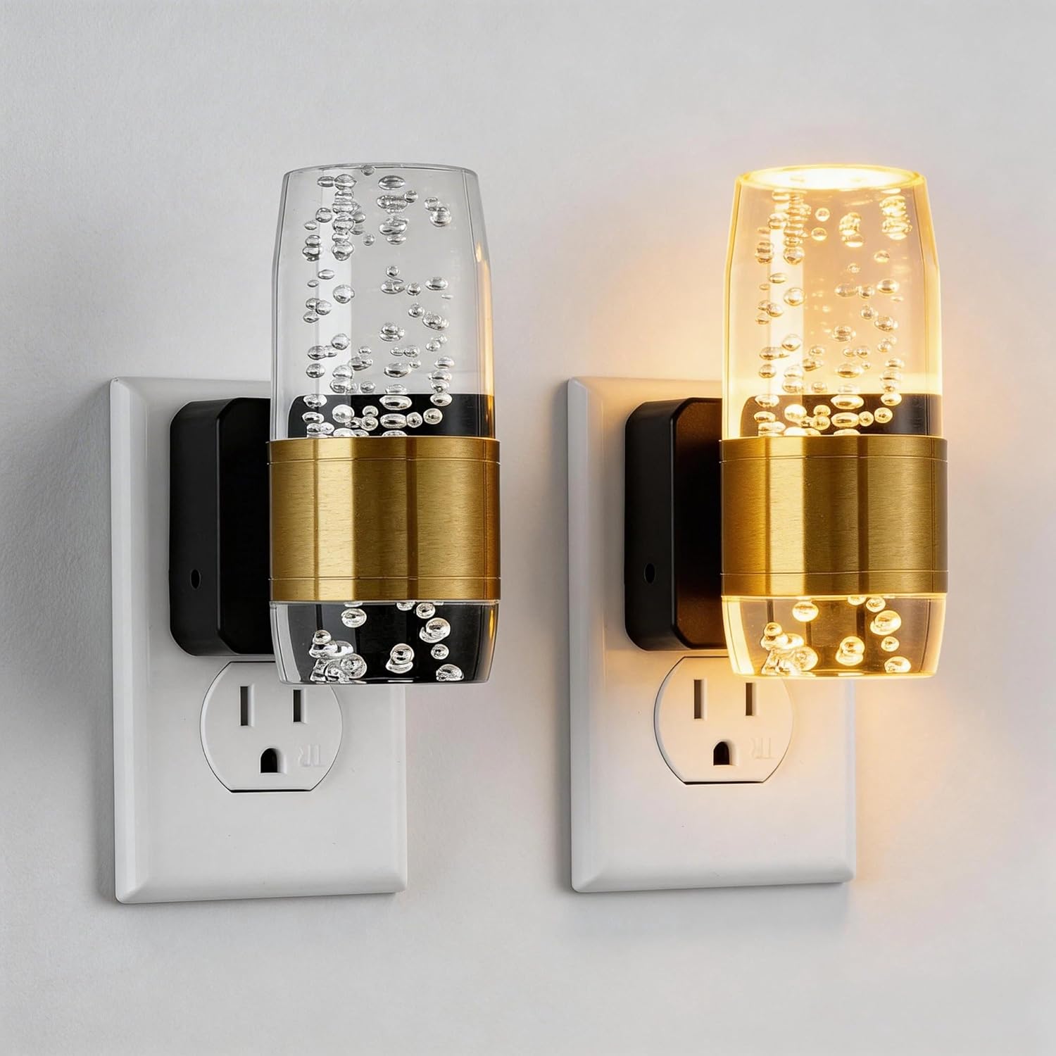 Manual Off Slider Night Lights (2-Pack), Luxury Gold Aluminum Bubble Acrylic, Dimmable 3000K Warm Glow, Secure 3-Prong Plug for Bathroom Vanity, Bedroom, Hallway, Modern Decor Wall Sconce