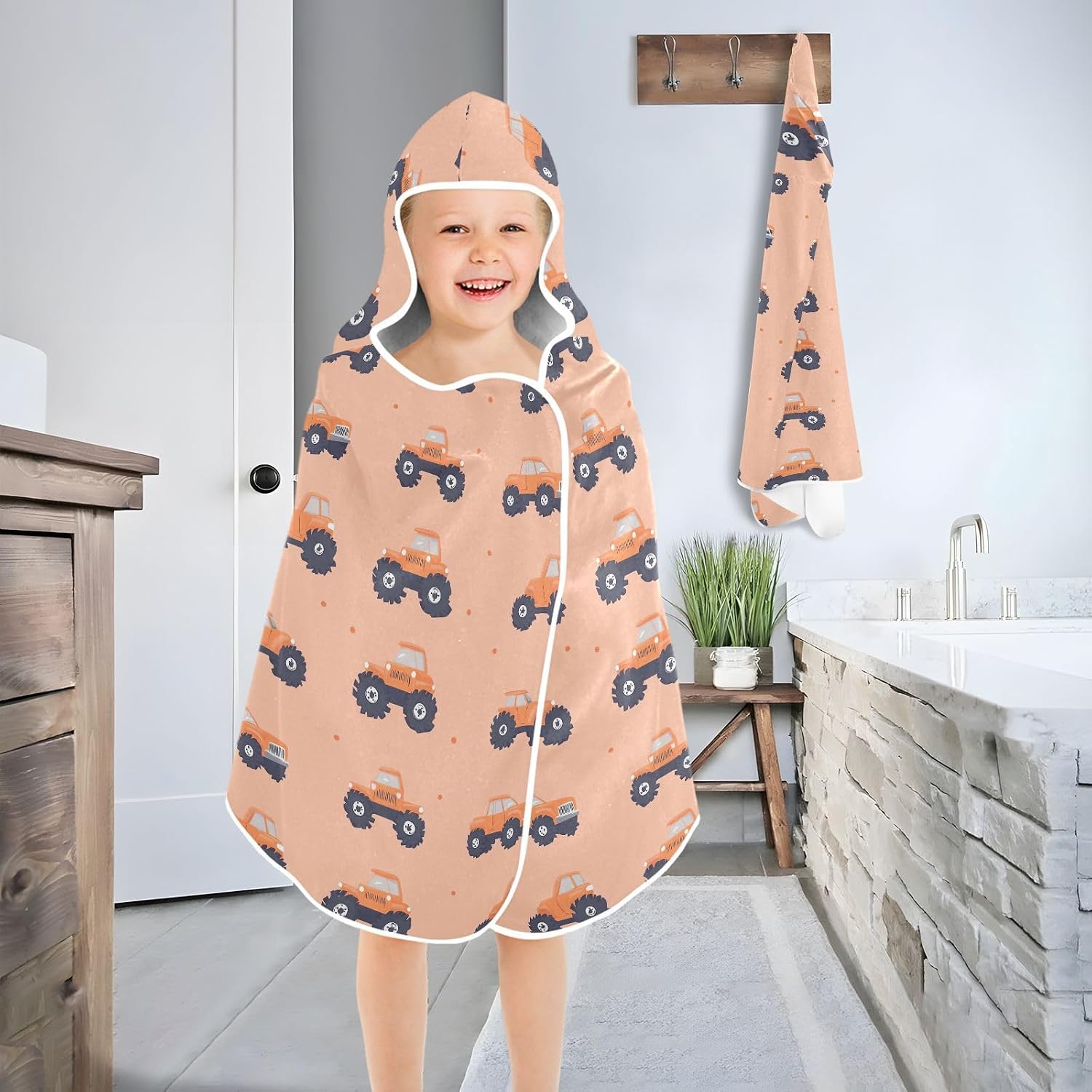 Beach Towels for Kids Trucks Car Peach Hooded Beach Towel for Girl Boy Quick Dry Bath Towel with Hood