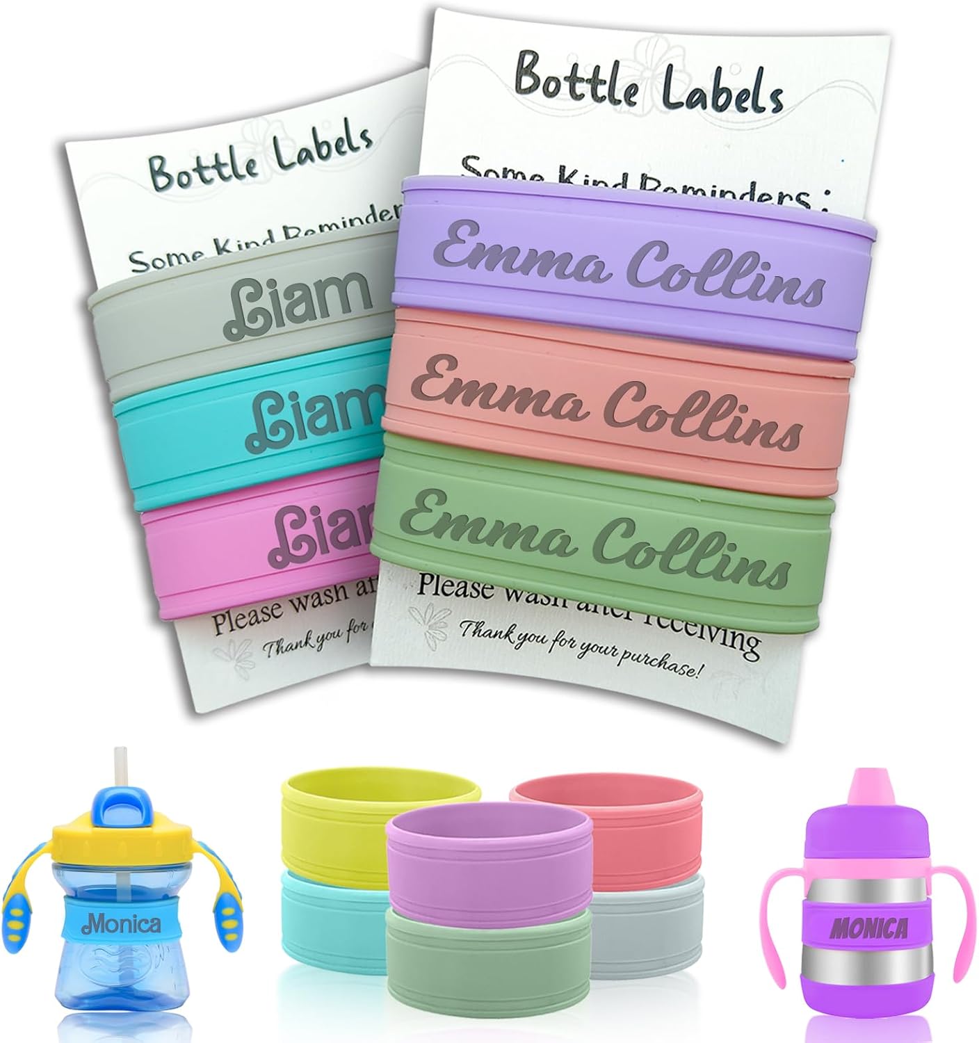 3 Piece Personalized Water Bottle Bands - Custom Silicone Non-Slip Baby Bottle and Sippy Cup Name Labels, Reusable Daycare Identification Bands, Perfect Gifts for Boys, Girls, Summer Camp, Christmas and Baby Showers (Flat style)