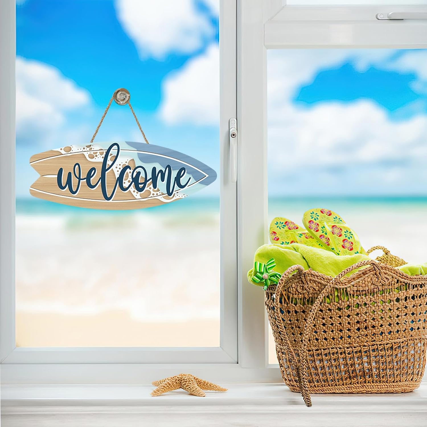 Coastal Surfboard Welcome Front Door Sign, Summer Hawaiian Beach House Wood Plaque Hanger Outdoor Outside Porch Home Decor, Nautical Sea Ocean Wooden Wreath Indoor Wall Hanging Decoration