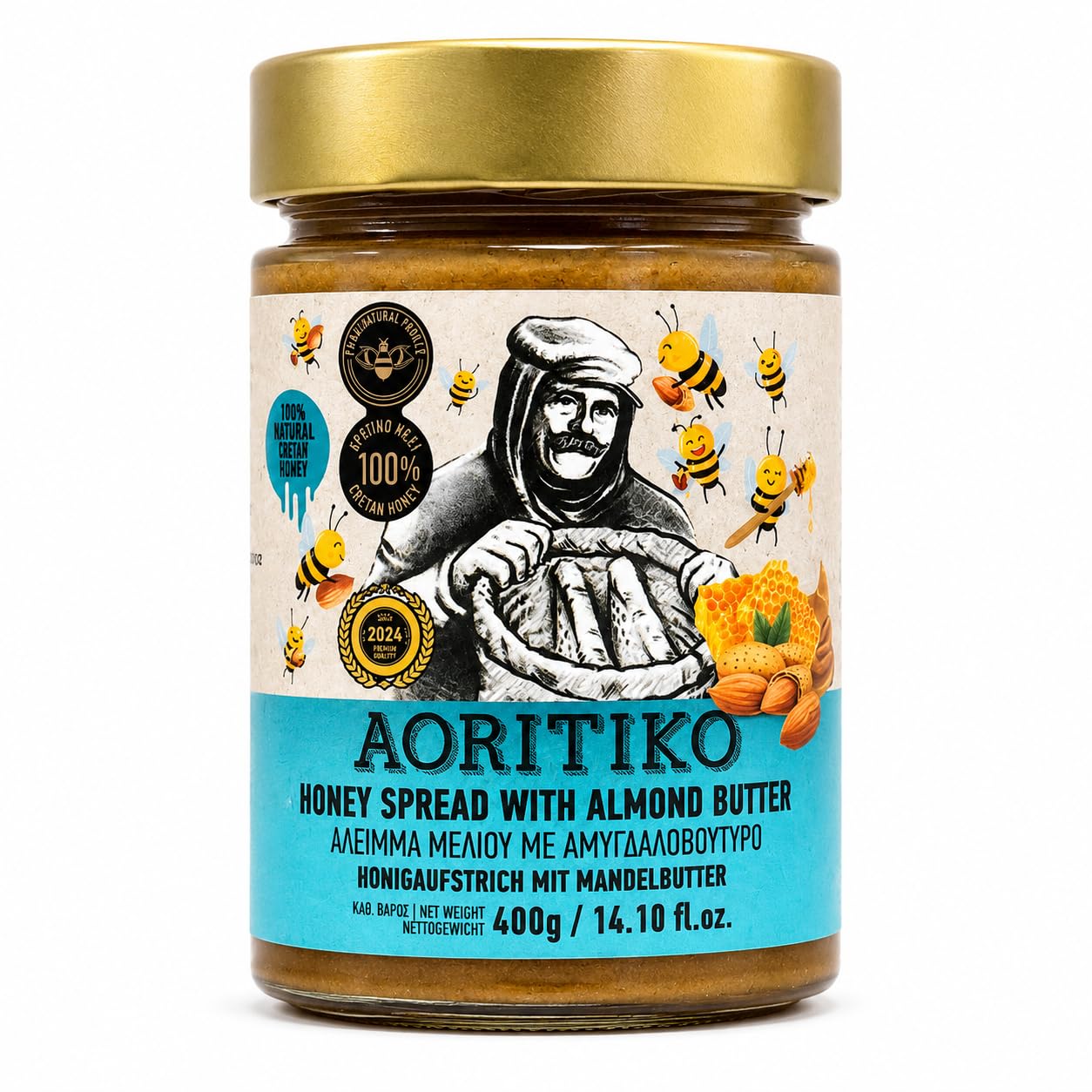 Greek Honey Almond Butter Spread — Cretan Thyme Honey & Roasted Almonds | No Added Sugar, Gluten Free, Natural | Authentic Energy Spread from Greece | AORITIKO | 400g / 14.1 oz Glass Jar
