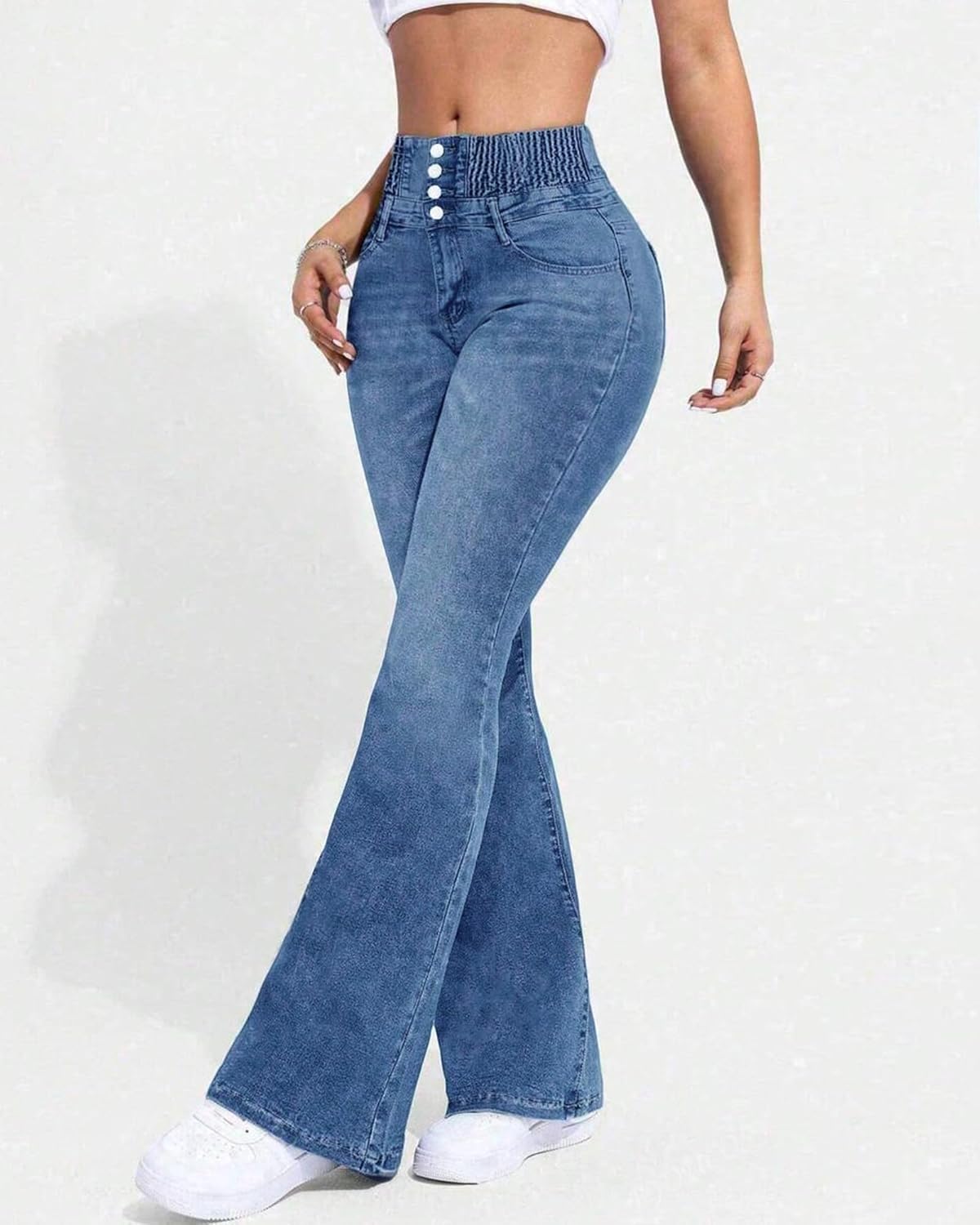 High Waisted Flare Jeans for Women Stretch Bell Bottom Jeans 4-Button Tummy Vintage Slim Denim Pants - Image 6