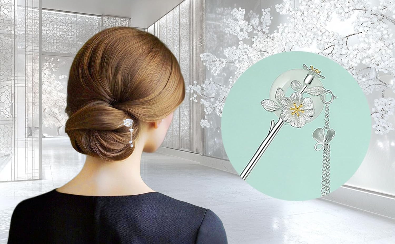 HangErFeng Women's Silver Hairpin Flower Shape Accessories Tassel Hairclip 855
