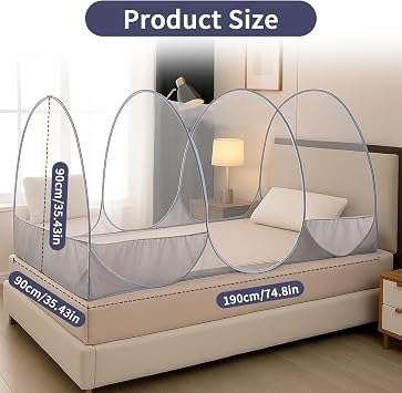 Pop-up Mosquito Net for Single Bed, Foldable Tent with Zip for Travel | 190x90x90cm, High-Density Polyester, Honeycomb Mesh, Carbon Steel Frame, Lightweight 300g, Side Zip, For Home Dorm Outdoor