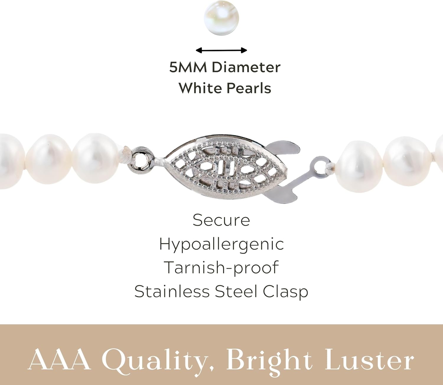 Real Pearl Necklace for Women with AAA Quality, Round White Freshwater Cultured Pearls, Secure Fish Hook Clasp, 18" length Double Knotted Strand