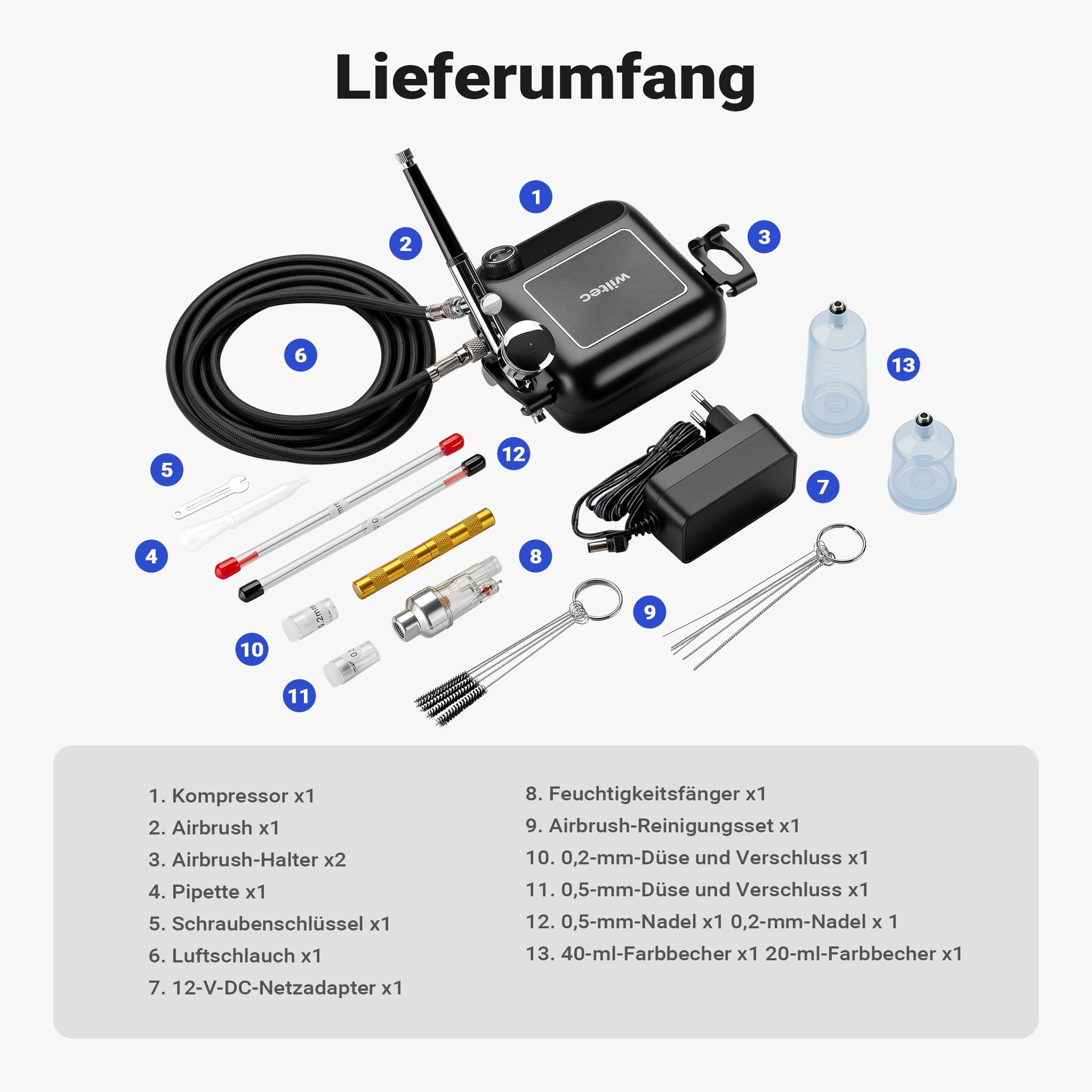 Wiltec HS-A9K Kompressor Set 1,5 bar Autostop, Airbrush Set inkl. verschiedener Düsen, Kompressor Zubehör Set 12 V, Druckluft Kompressor mit Air Brush