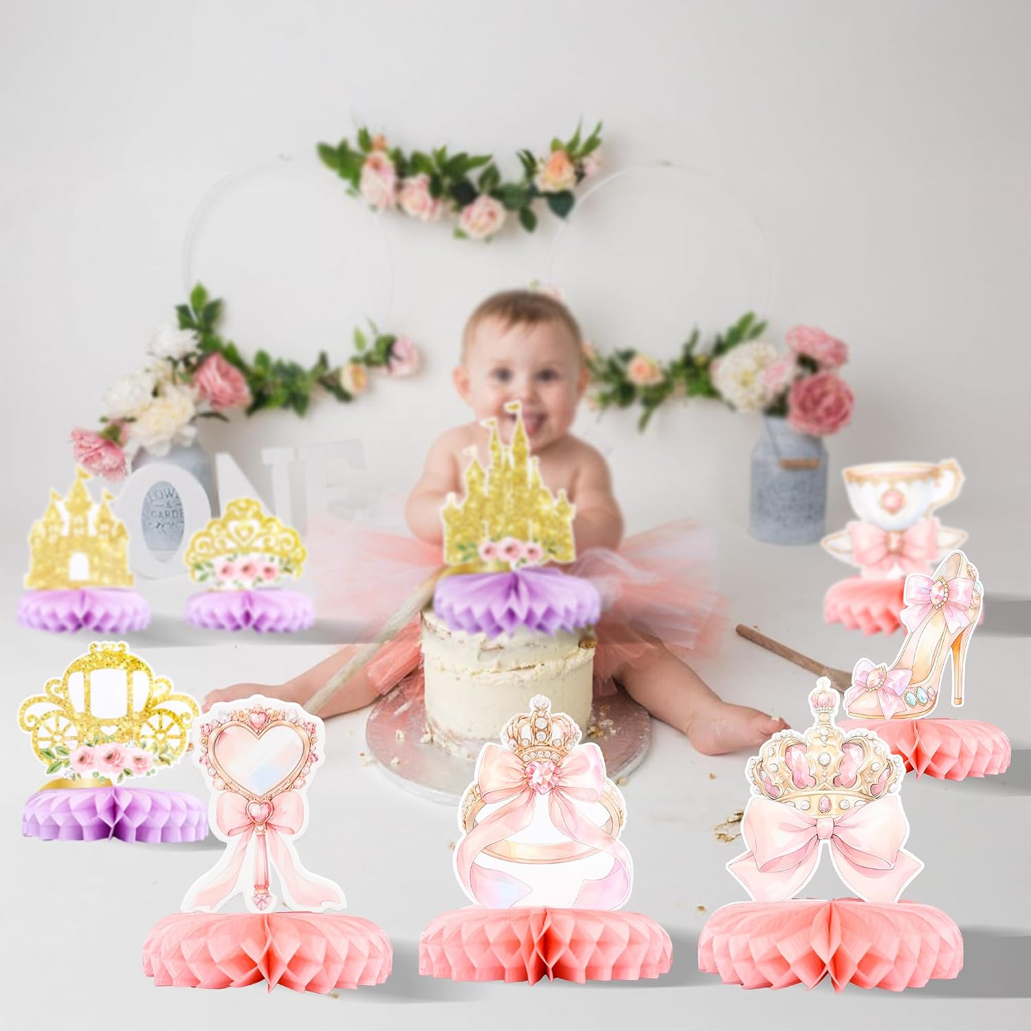 Ephlyn 9 Pack Floral Princess Party Honeycomb Centerpieces Double Sided Princess Theme Party Decorations Supplies Pink Gold Castle Crown Carriage Baby Shower Birthday Table Toppers for Girls