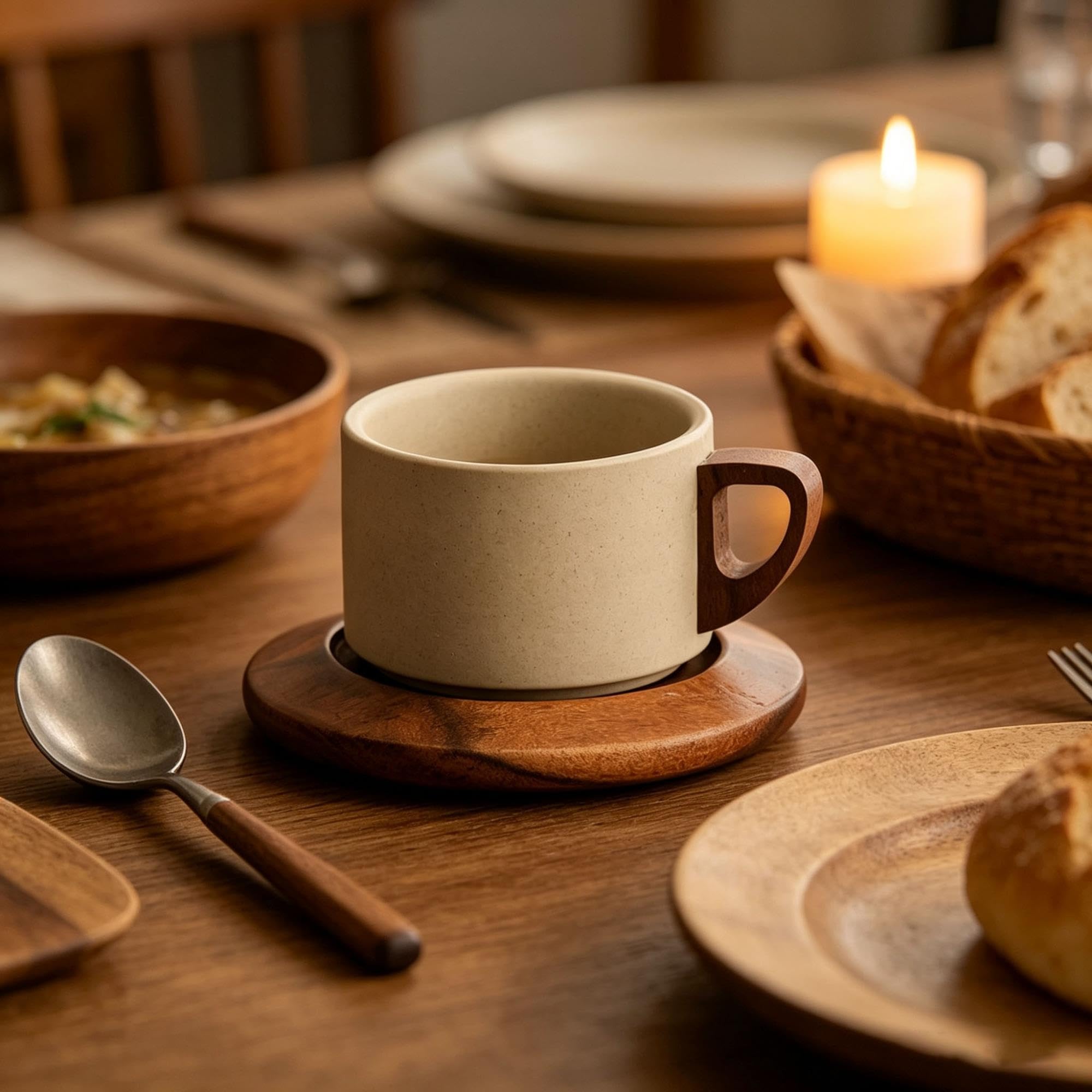 Tasse à café rétro, tasse à café en porcelaine, avec sous-verres en bois