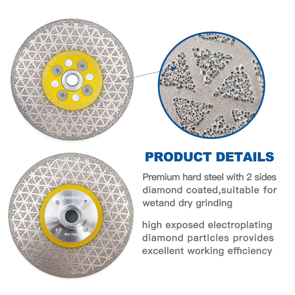 HIGHDRIL Disco Diamante para Porcelanico - 125mm x M14 Soldadura al Vacío Disco de Corte y Desbaste para Mármol Granito Hormigón Cerámica Porcelánico