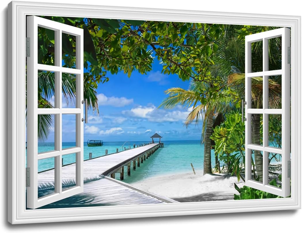 Window Beach Picture Wall Art Blue Ocean Scene Canvas Photo for Living Room Decor 36x24
