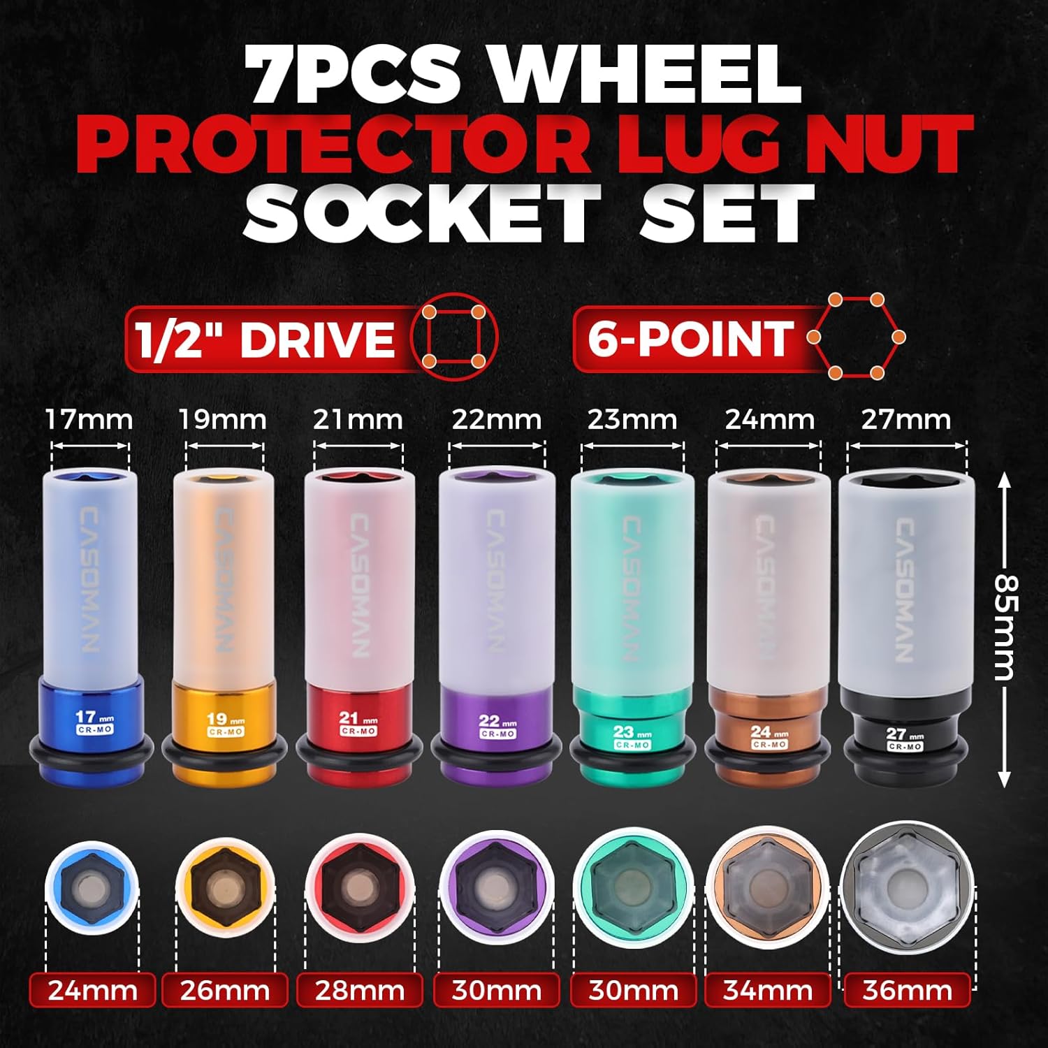 CASOMAN 7PCS 1/2" Drive Deep Lug Nut Impact Socket Set, Non-marring & Thin Wall Wheel Protector, Color-Coded, 85mm Length, 6 Point, Metric, CR-MO - Image 2