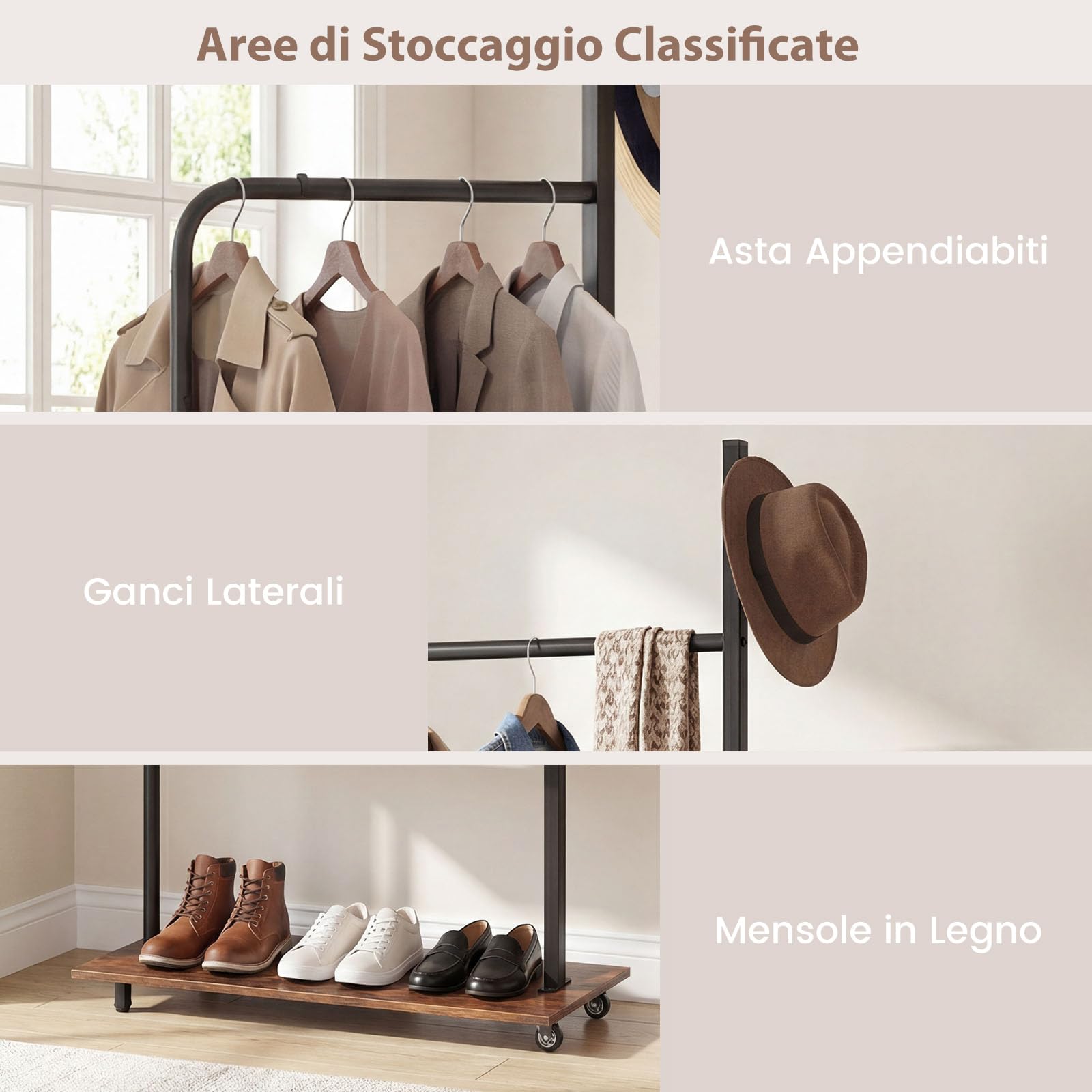 COSTWAY Appendiabiti da Terra, Attaccapanni con Ruote 2 Ganci e 2 Ripiani, Porta Abiti in Legno per Ingresso Camera Salotto, 60 x 30 x 175 cm