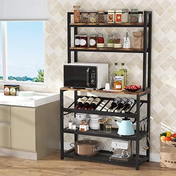 Amazon.com: TIYASE Estante para panadería de cocina de 6 niveles con  almacenamiento y estante para vino, carrito de microondas industrial con  cabina, 6 ganchos, organizador de estante de almacenamiento de cocina  independiente (