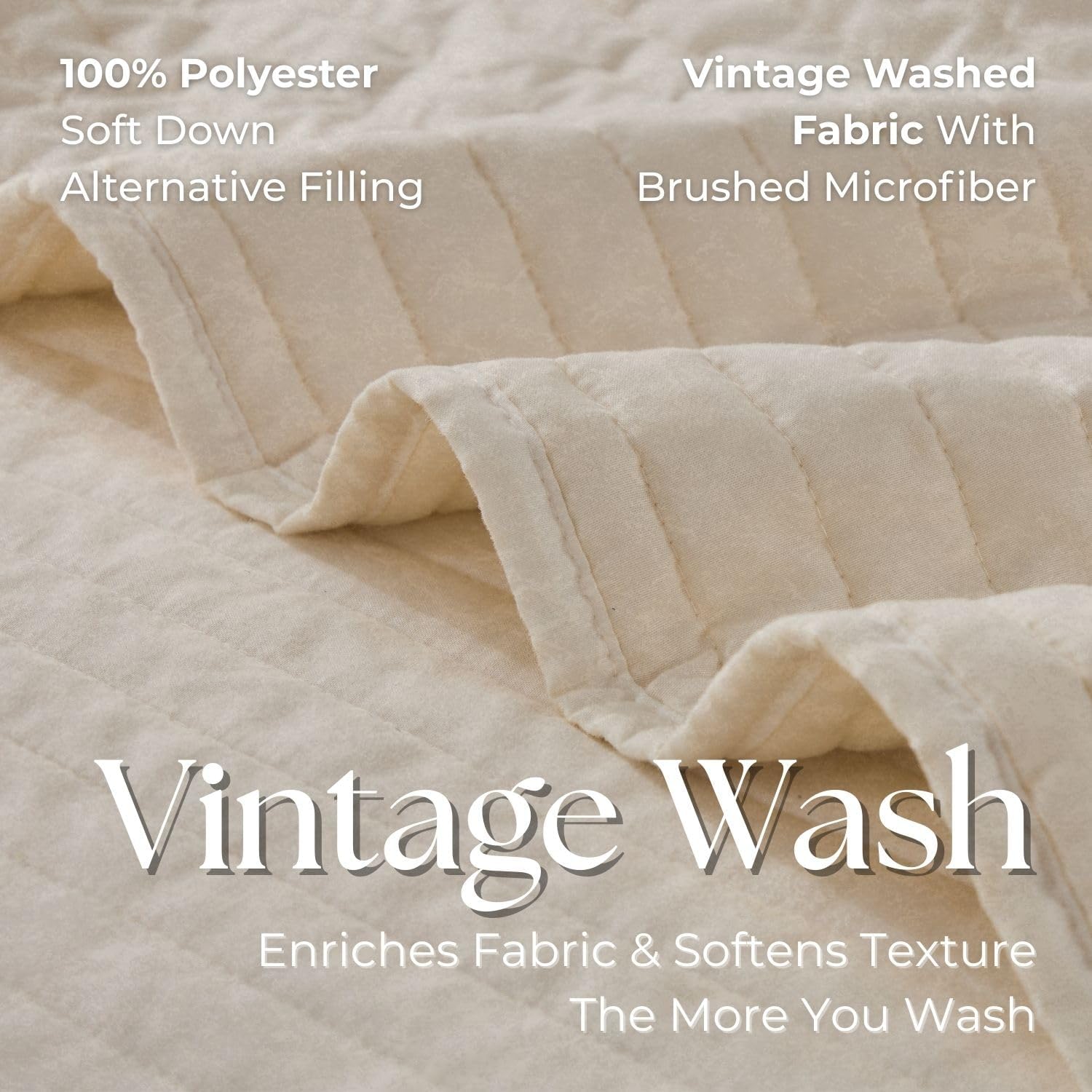 DOWN HOME King Quilt Bedding Set with Shams, Vintage Washed Soft Quilted Blanket Thin Comforter Lightweight Bedspread Coverlet Bed Cover, Brushed Microfiber Stripe Stitching, Linen White, 104"x90" - Image 4