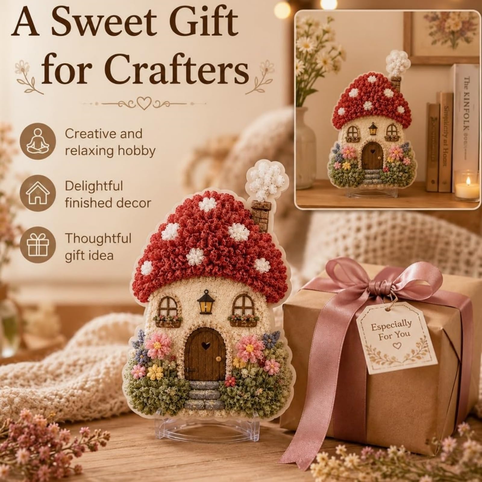 Kit per ricamo 3D Villaggio Incantato - Casetta con Funghi e Fiori (6Pcs) | Kit per ricamo fai da te con ago da punzonatura per adulti, grazioso kit decorativo, accogliente regalo in stiles