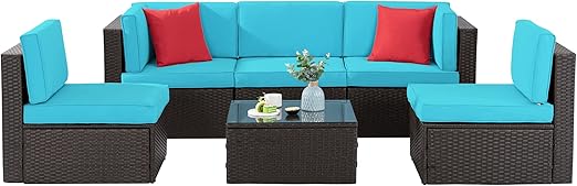 Shintenchi 6 Pieces Patio Furniture Sets Outdoor All-Weather Sectional Patio Sofa Set PE Rattan Manual Weaving Wicker Patio Conversation Set with Glass Table & Ottoman Cushion and Red Pillows, Blue