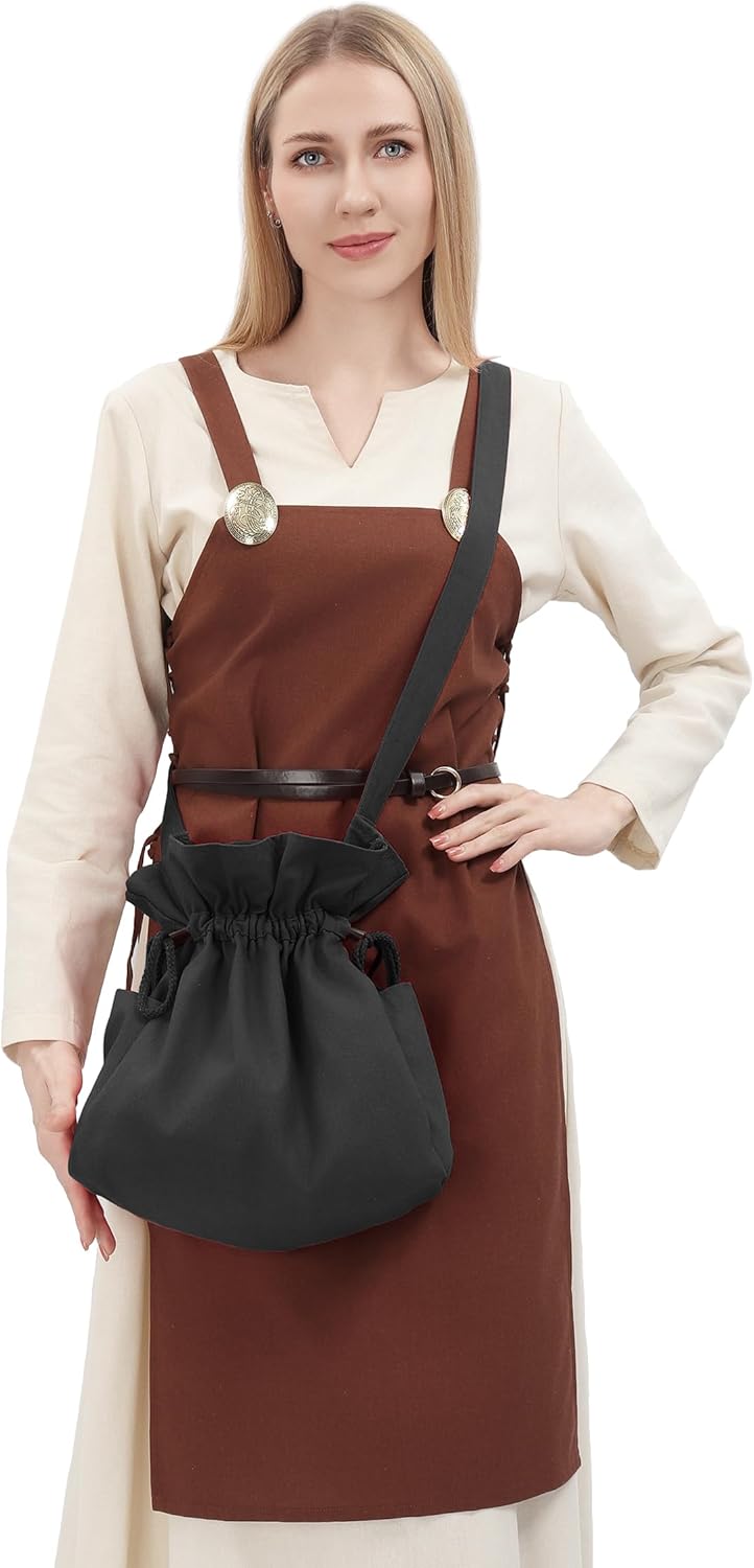 FURPHI Medieval Drawstring Bag Canvas Shoulder Bag with Side Pockets Renaissance Costume Accessories for Ren Faire LARP - Image 2