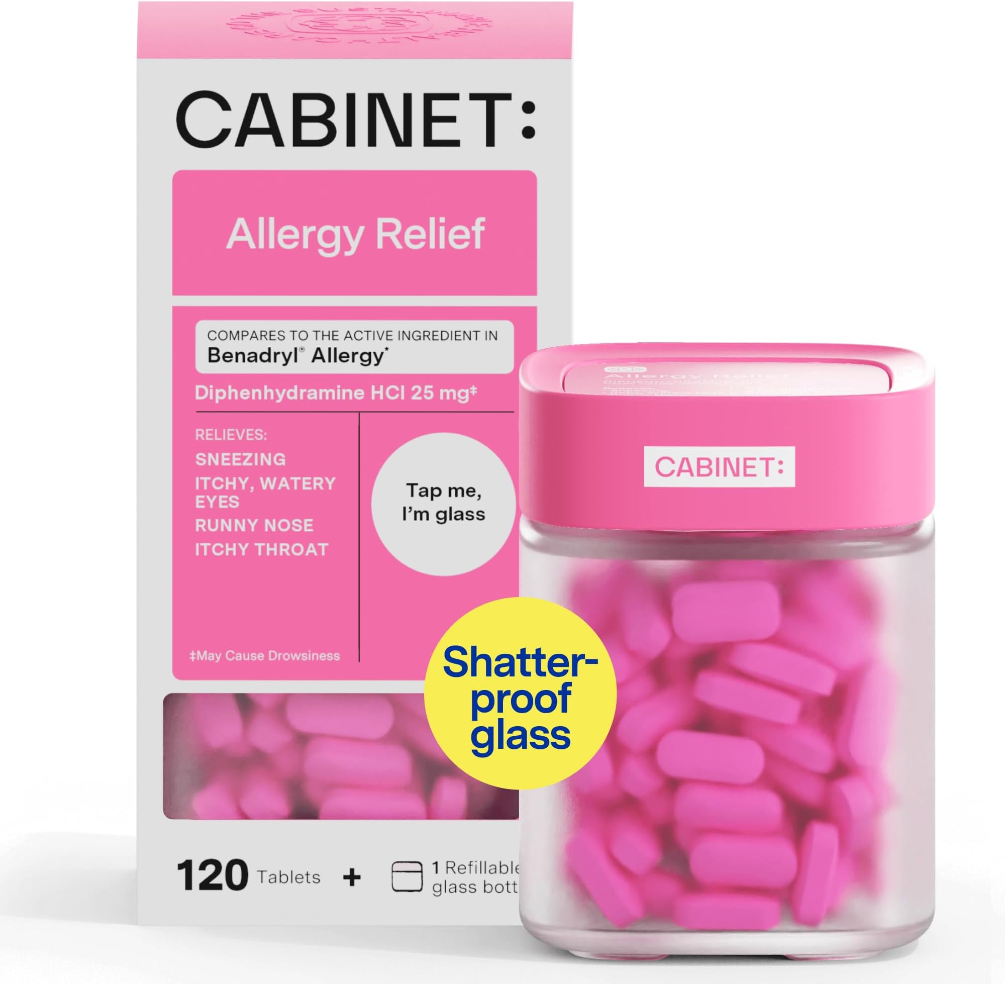 Cabinet: Diphenhydramine 25mg Allergy Relief Antihistamine Tablets for Allergies, Hay Fever, and Runny Nose, 120 Tablets (Refillable Glass Bottle)
