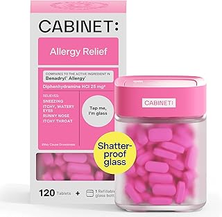 Cabinet: Diphenhydramine 25mg Allergy Relief Antihistamine Tablets for Allergies, Hay Fever, and Runny Nose, 120 Tablets (Refillable Glass Bottle)