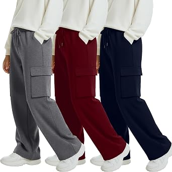 3 Pack Boys Cargo Sweatpants Thin Straight Leg Drawstring Elastic Waist Joggers Kids Athletic Pants with 4 Pockets