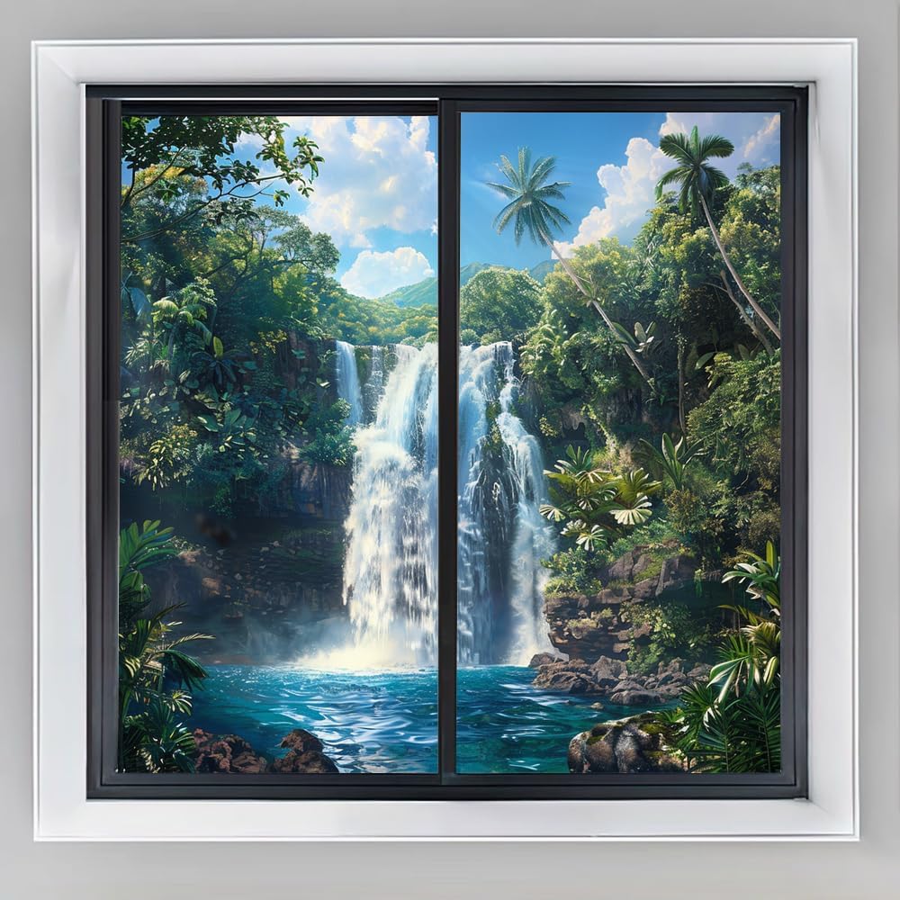 Modern Waterfall Stained Glass Window Film, Rustic Forest Plants Beautiful River Peel and Stick Frosted Privacy Film, Adhesive Vinyl Decorative Bathroom Windows Glass Doors, 15.7Wx23.6L inch x2 Pcs