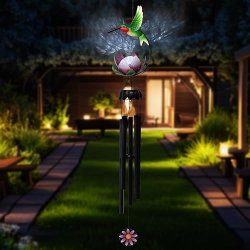 Miniatura 7 de MUMTOP Campanillas de viento solares para exteriores  Colibrí con luces de bola de vidrio de grieta de loto, campanillas de viento únicas para