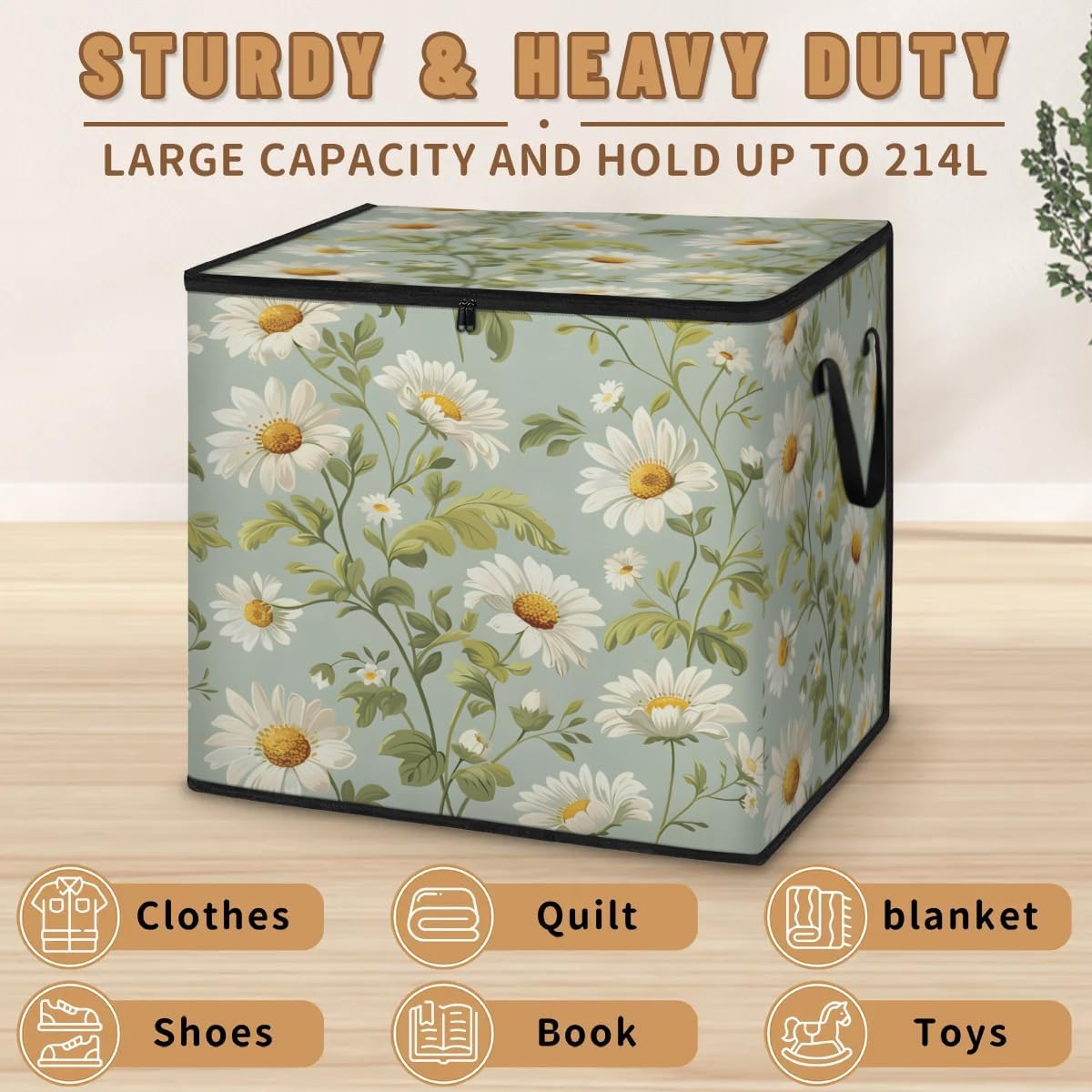 Honeybaby 214L Extra Large Comforter Storage Bag Daisy Green Leaves Storage Totes with Lids Waterproof Closet Organizer Folding Blanket Storage Bags for Clothes Bedding Pillows