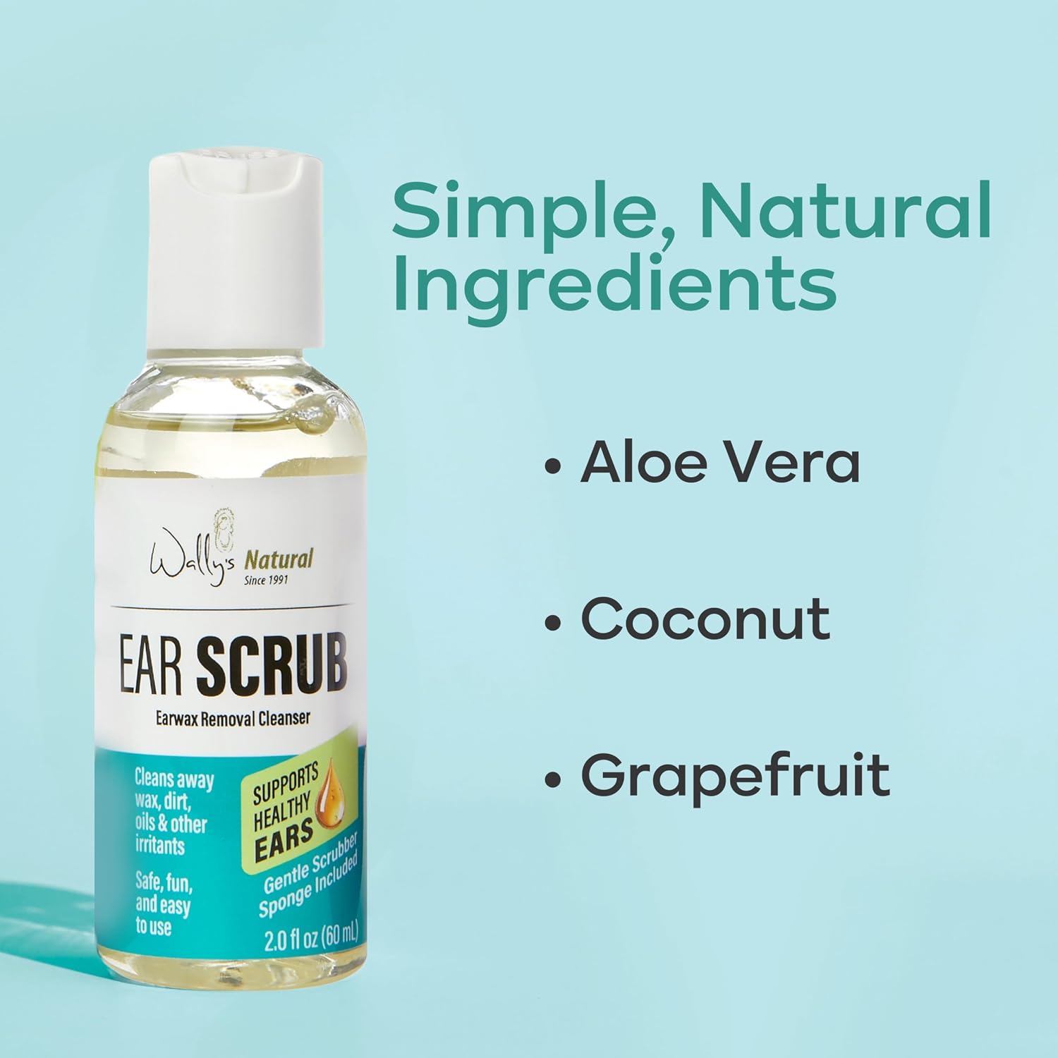 Wally's Natural Ear Scrub Earwax Removal Cleanser Wash for Adults, Cleans Away Wax, Dirt & Oils, Includes Reusable Scrubber Sponge, Infused with Aloe Vera, 2 Fl Oz